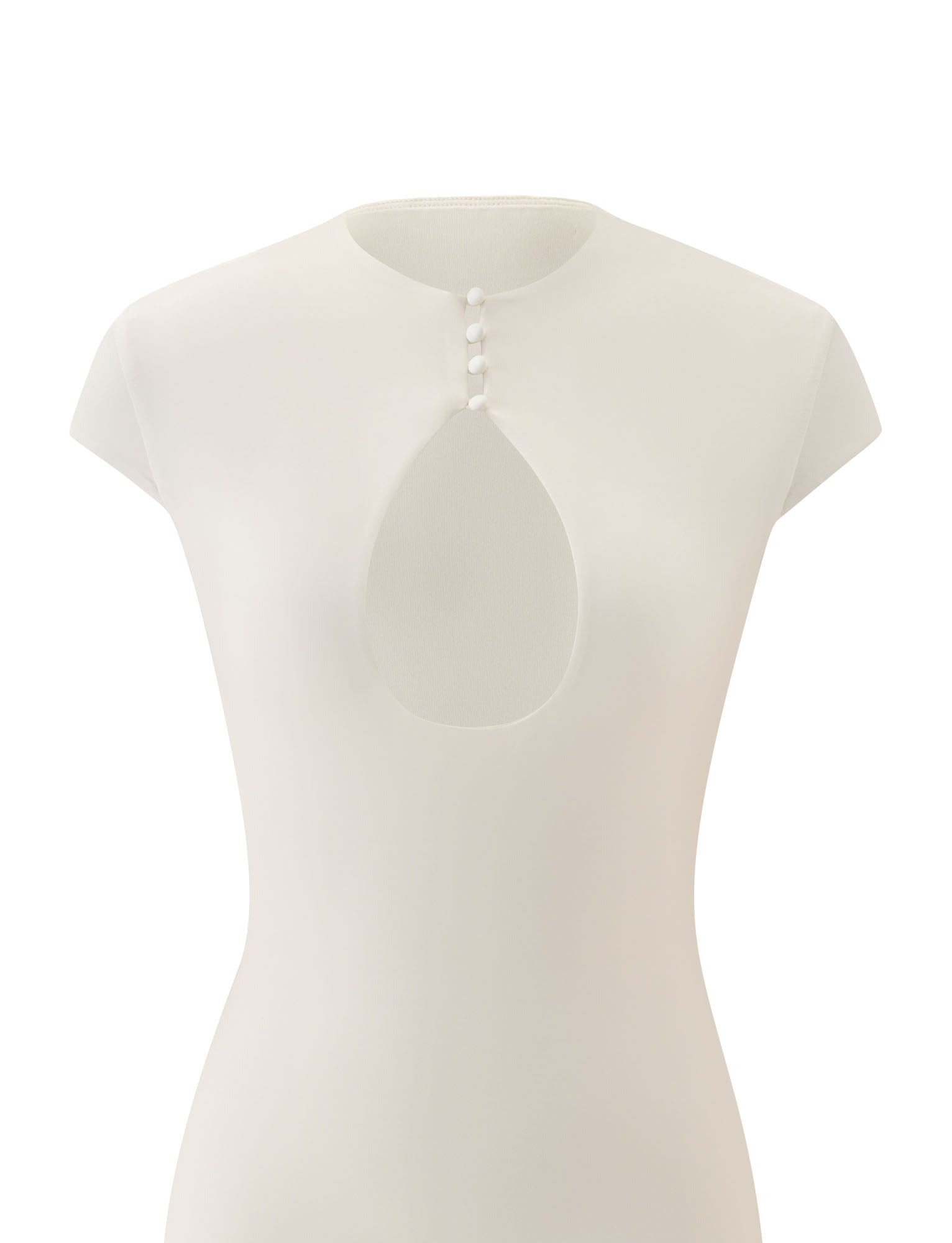 The MILLS MINI DRESS in cream by TIGERMIST features short sleeves, a round neckline, four delicate buttons, and a teardrop chest cutout—ideal for breezy vacation getaways.