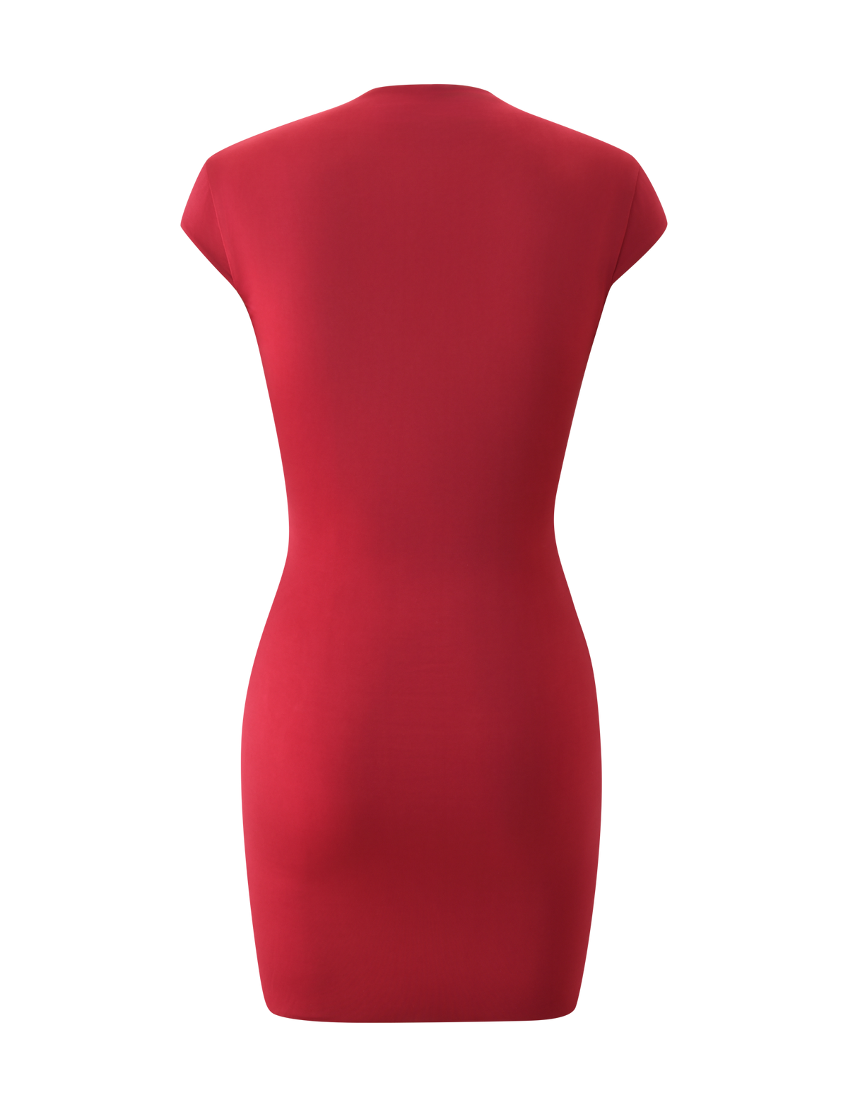 The MILLS MINI DRESS by TIGERMIST is a fitted, knee-length red mock neck dress with short sleeves and a smooth finish, shown from the back against a white background. No patterns or embellishments are visible.