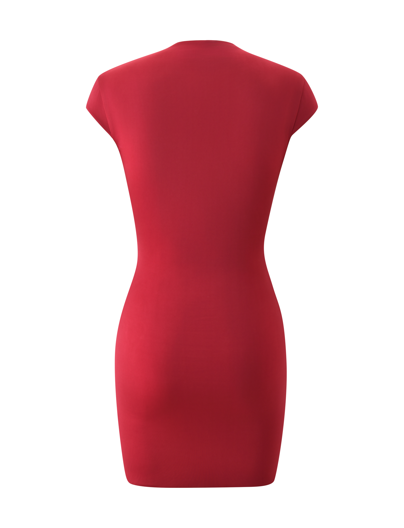 The MILLS MINI DRESS by TIGERMIST is a fitted, knee-length red mock neck dress with short sleeves and a smooth finish, shown from the back against a white background. No patterns or embellishments are visible.