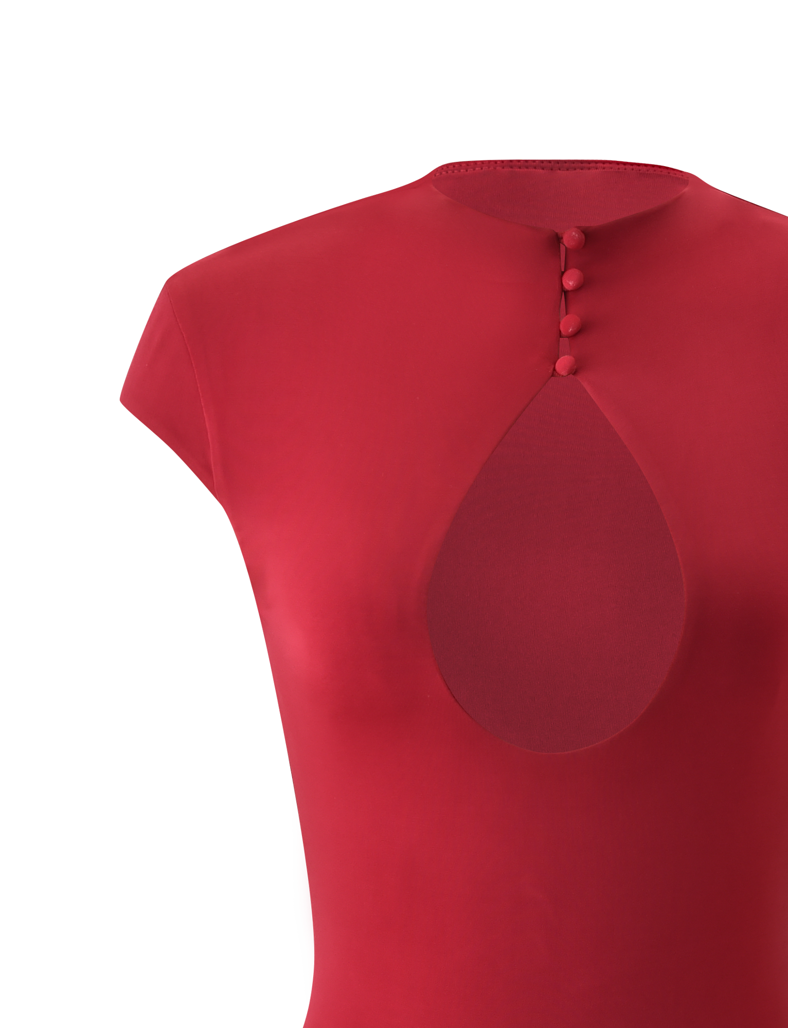 A close-up of the TIGERMIST MILLS MINI DRESS in red, featuring cap sleeves, a teardrop-shaped front bust cutout, and four fabric-covered buttons near the neckline.