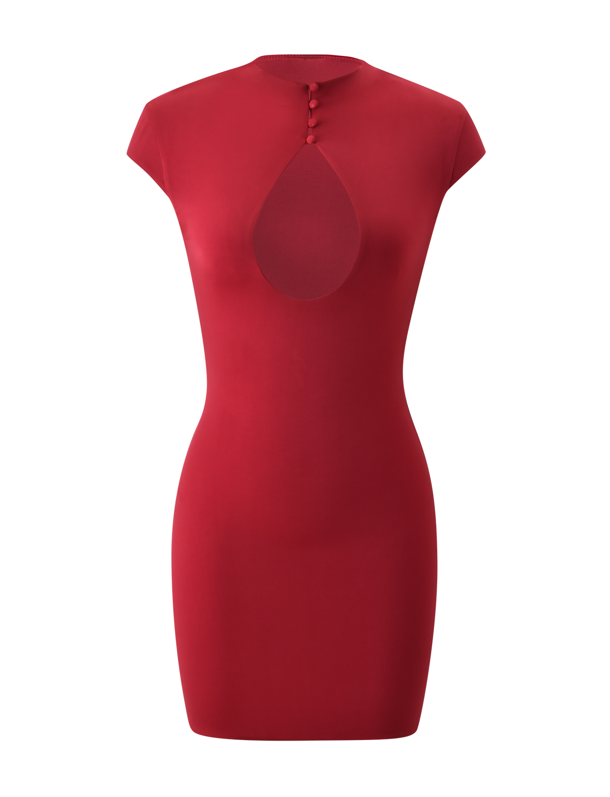 The MILLS MINI DRESS - RED by TIGERMIST is a fitted, cap sleeve mini dress with a mock neck, front bust cutout, and three top buttons, shown against a plain white background.