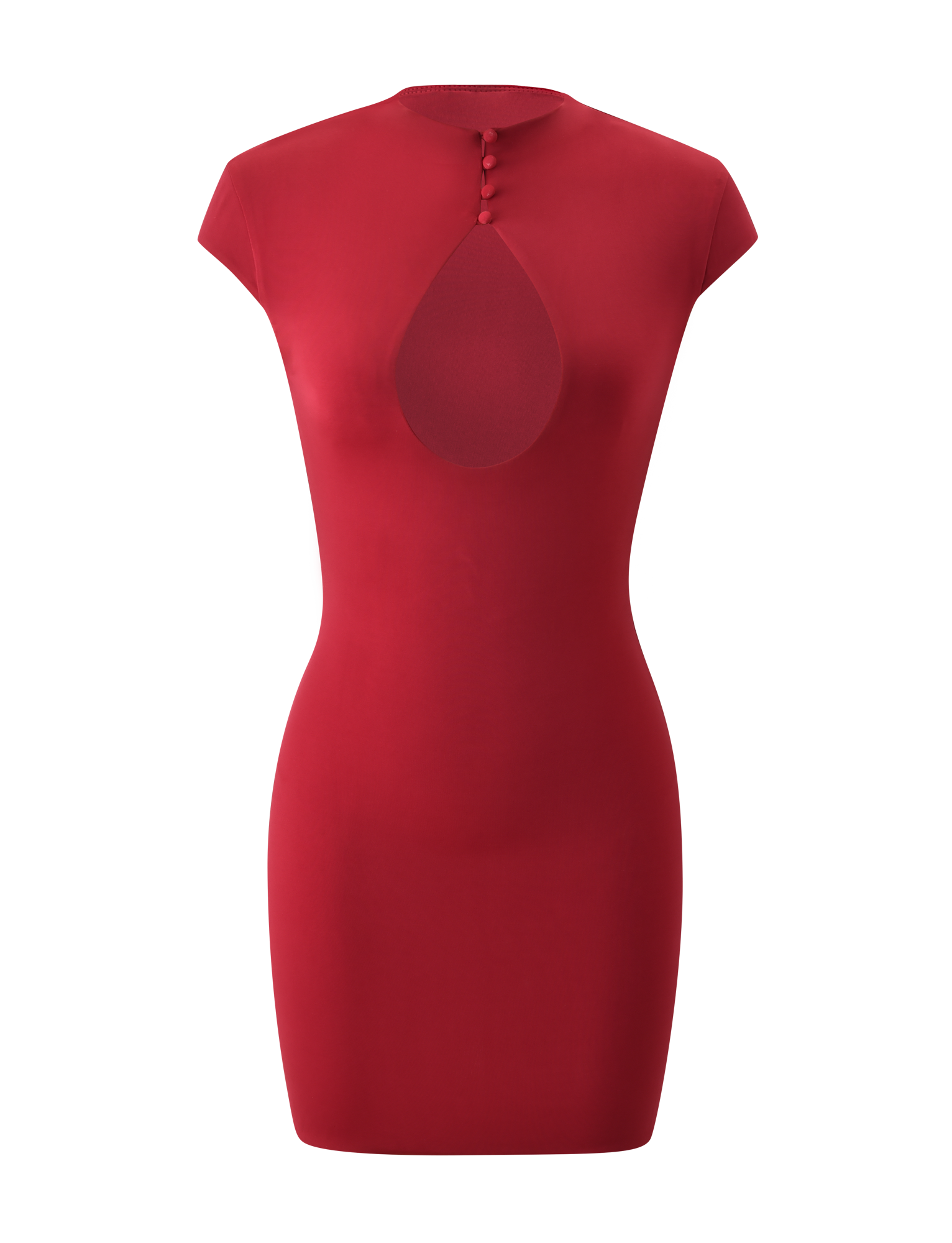 The MILLS MINI DRESS - RED by TIGERMIST is a fitted, cap sleeve mini dress with a mock neck, front bust cutout, and three top buttons, shown against a plain white background.