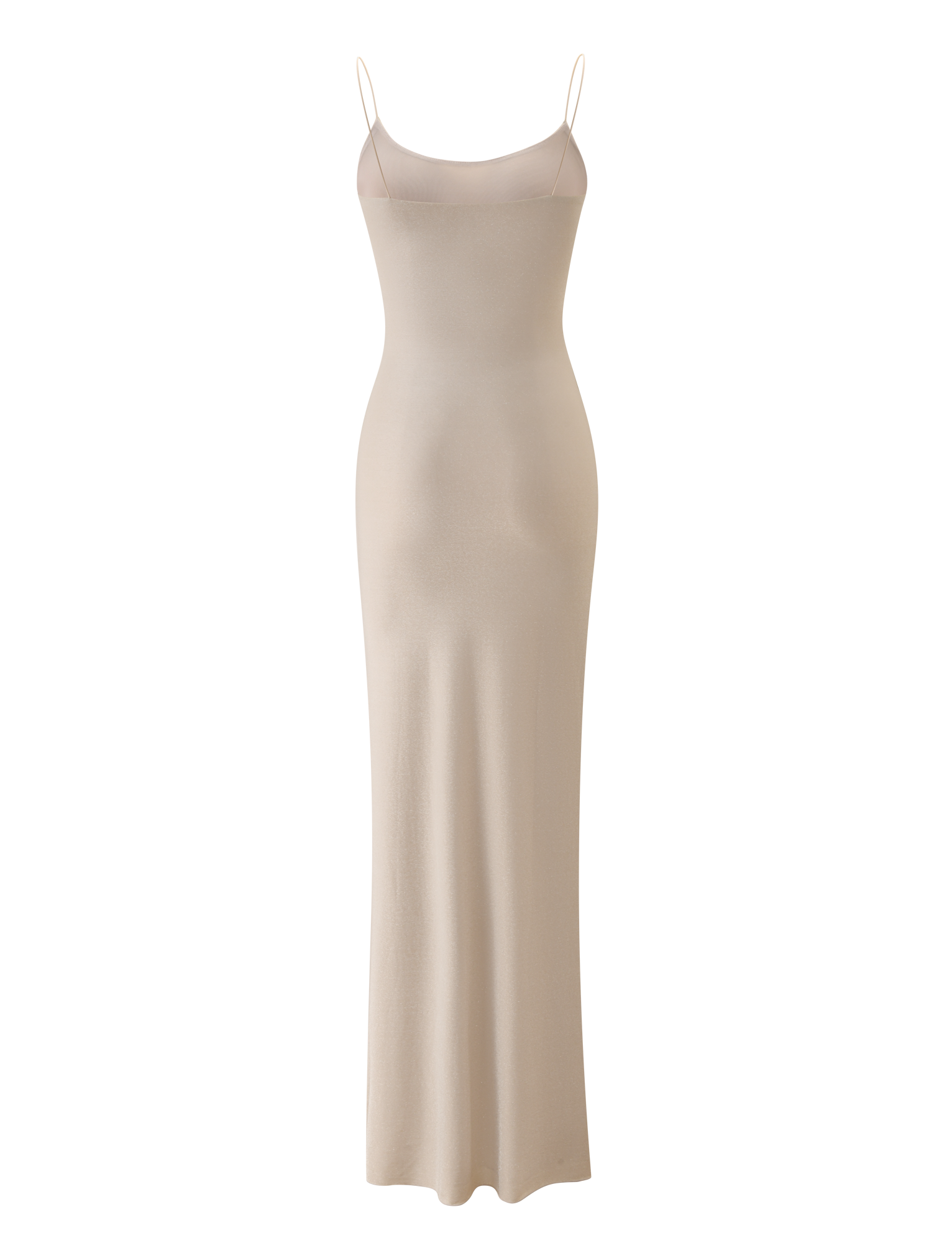 The TIGERMIST RILEY MAXI DRESS - CHAMPAGNE SPARKLE is a full-length, sleeveless column dress with thin spaghetti straps, shown on a plain white background.