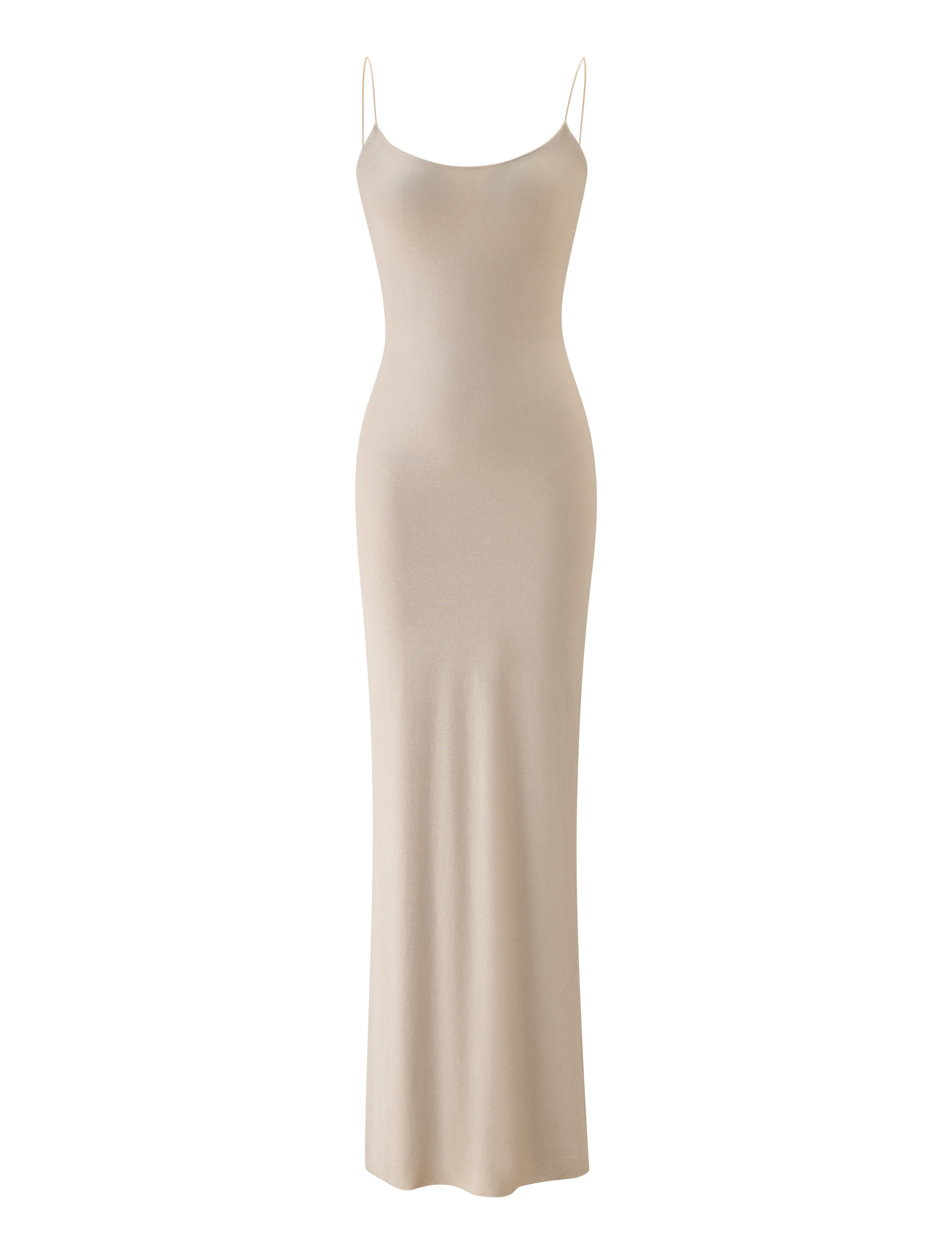 The TIGERMIST RILEY MAXI DRESS in Champagne Sparkle is a sleeveless, body-hugging column dress with thin spaghetti straps, shown on a plain white background.