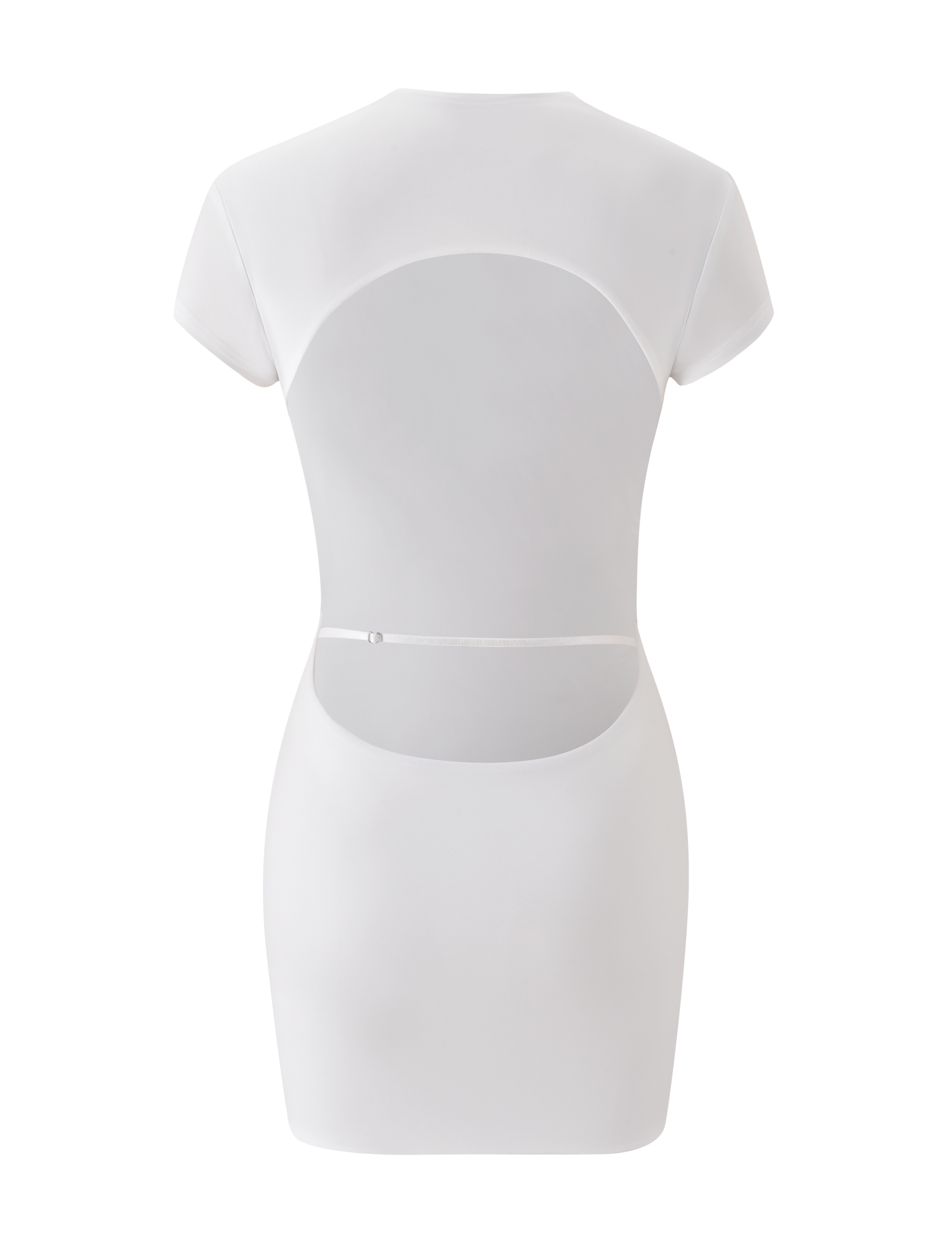 The EMILY MINI DRESS in white by TIGERMIST is showcased from the back, highlighting a large open-back cutout, wrap neck detail, and a thin waist strap fastened with a small button.