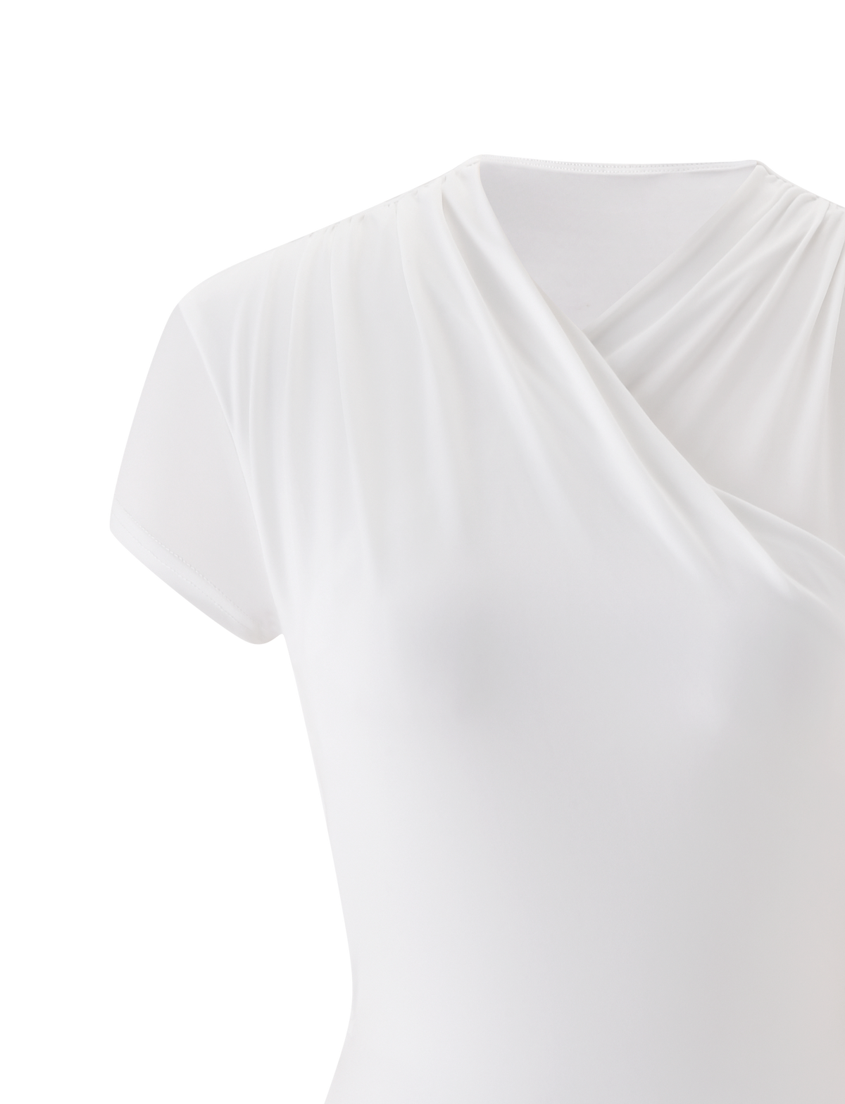 A close-up of the TIGERMIST EMILY MINI DRESS in white on a plain background, showcasing its short sleeves, draped wrap neck, soft gathered fabric at the shoulder, and elegant folds for a refined silhouette.