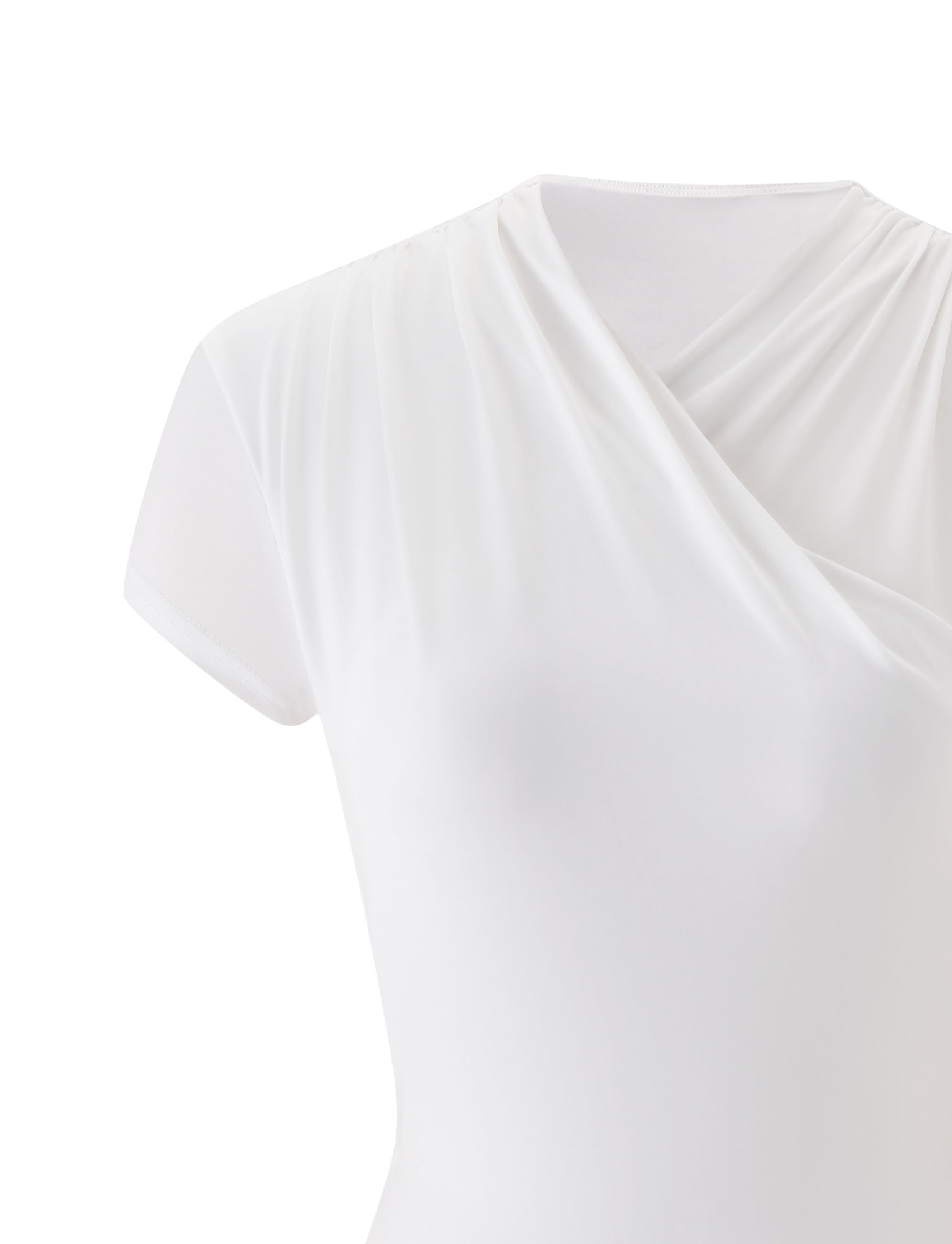 A close-up of the TIGERMIST EMILY MINI DRESS in white on a plain background, showcasing its short sleeves, draped wrap neck, soft gathered fabric at the shoulder, and elegant folds for a refined silhouette.