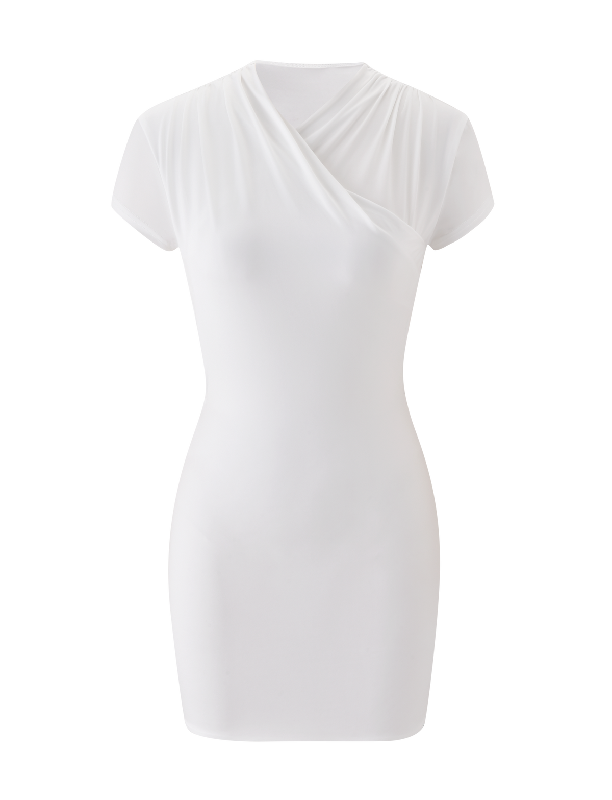 The TIGERMIST EMILY MINI DRESS - WHITE is a fitted knee-length mini dress with a draped, asymmetrical wrap neck and short sleeves in smooth fabric, shown on a plain white background.