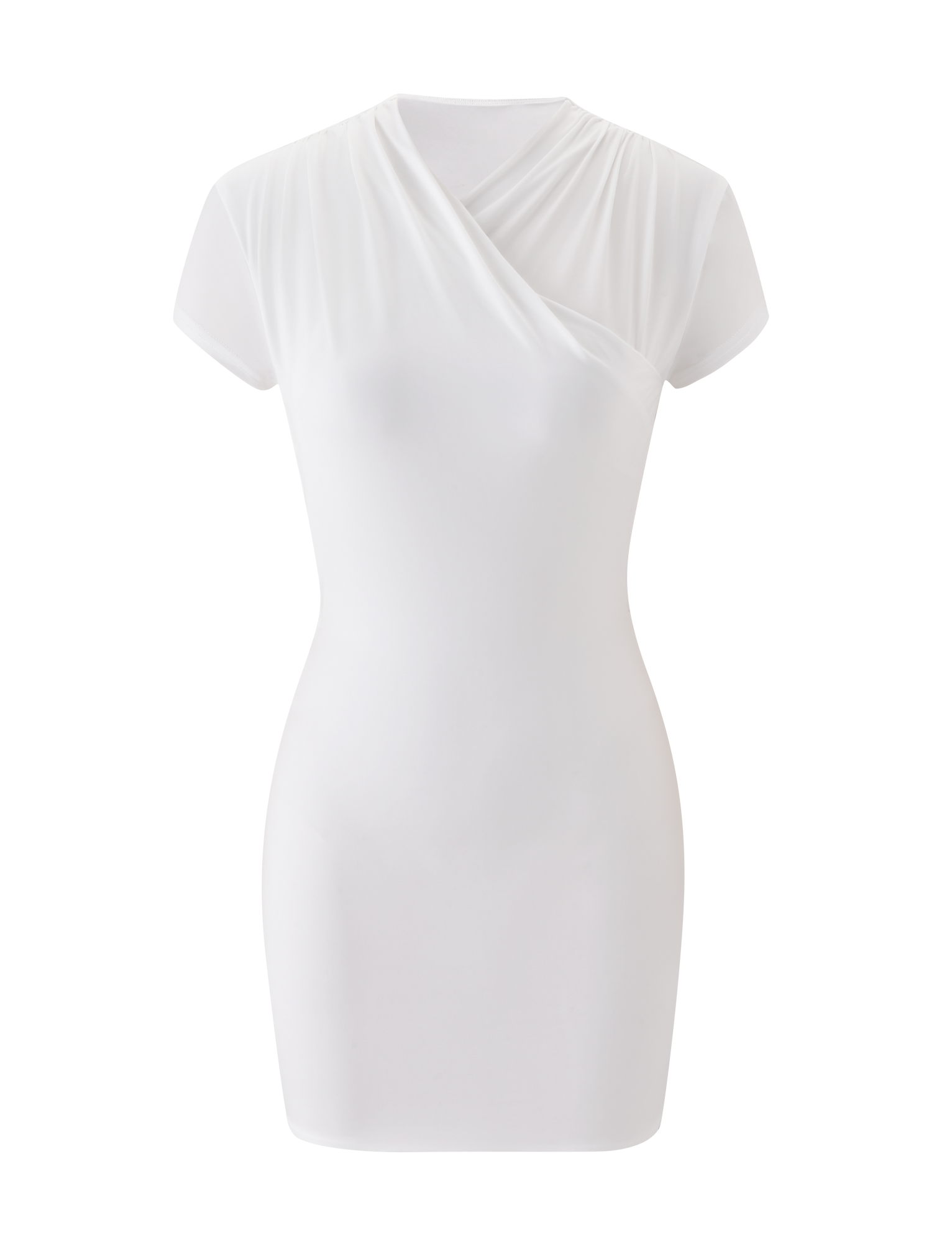 The TIGERMIST EMILY MINI DRESS - WHITE is a fitted knee-length mini dress with a draped, asymmetrical wrap neck and short sleeves in smooth fabric, shown on a plain white background.