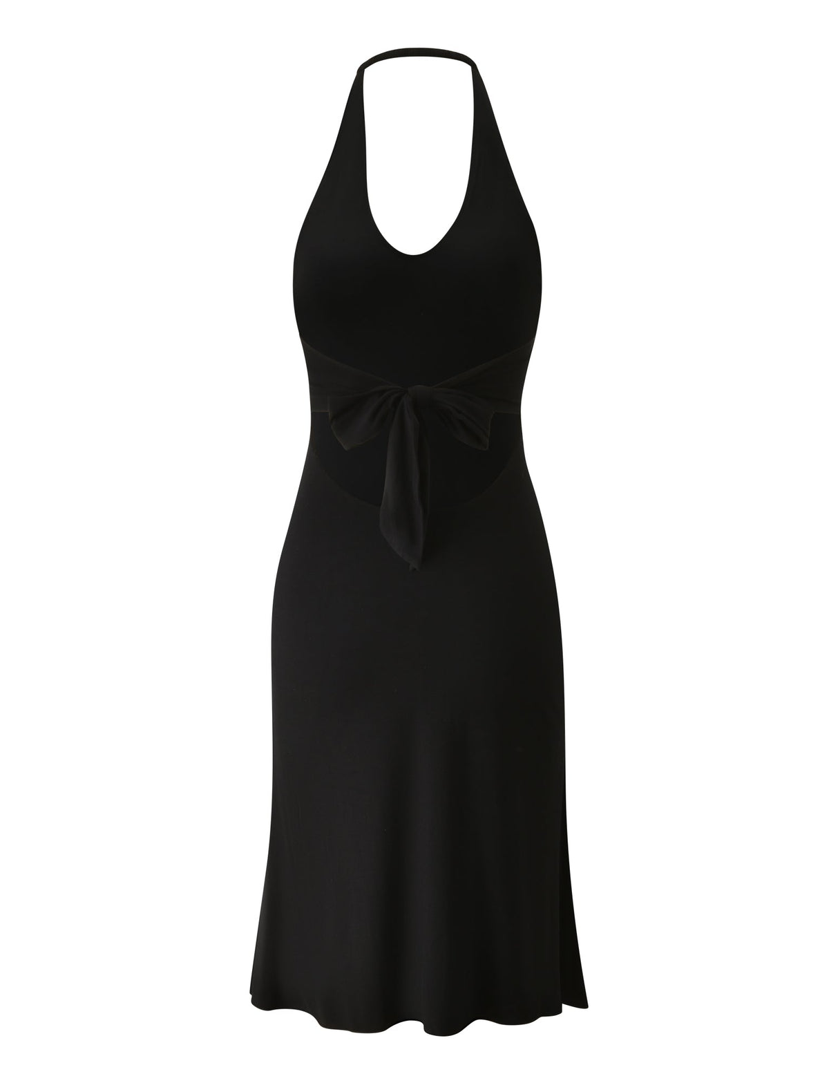 The ISABELLE MIDI DRESS - BLACK by TIGERMIST is a sleeveless halter neck midi dress featuring a scoop neckline, an open back, and a statement bow detail at the waist. Displayed against a plain white background, this chic piece is truly a holiday wardrobe essential.
