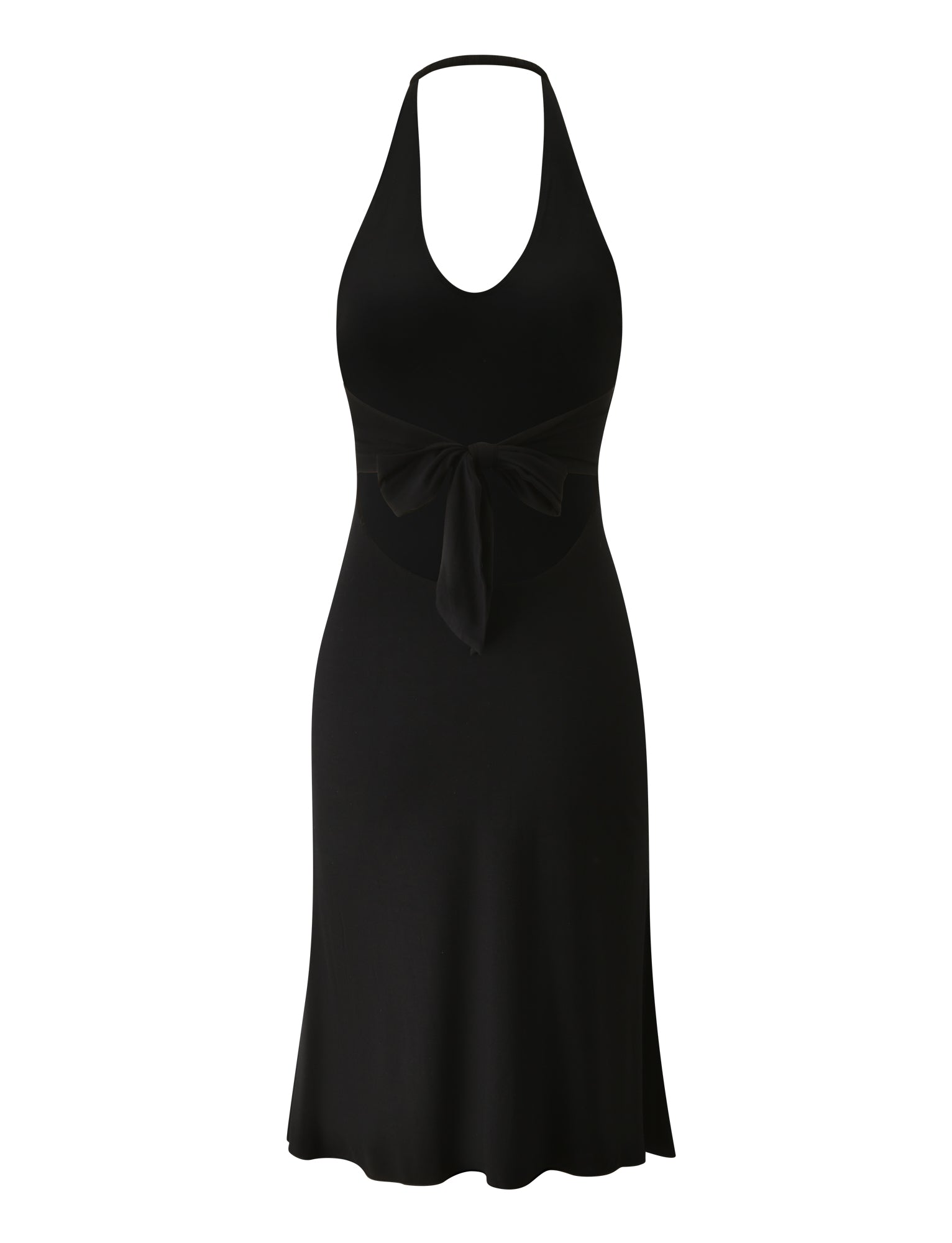 The ISABELLE MIDI DRESS - BLACK by TIGERMIST is a sleeveless halter neck midi dress featuring a scoop neckline, an open back, and a statement bow detail at the waist. Displayed against a plain white background, this chic piece is truly a holiday wardrobe essential.
