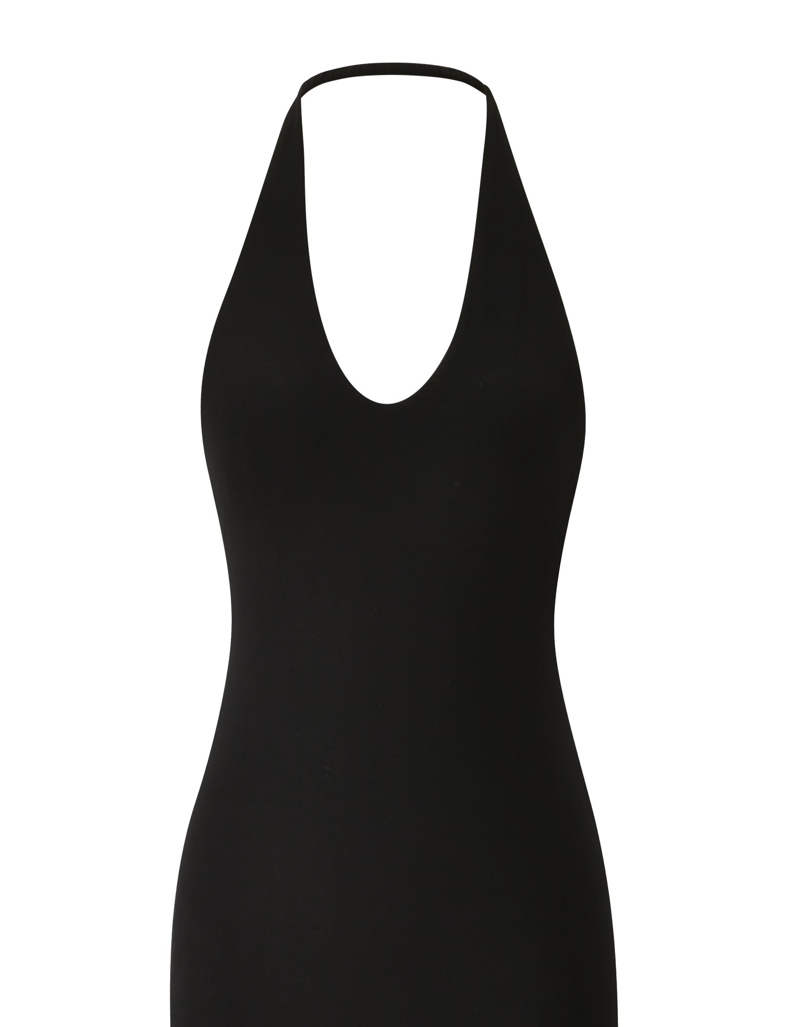 The ISABELLE MIDI DRESS - BLACK by TIGERMIST is a sleeveless halter neck midi dress featuring a deep scoop neckline and an elegant open back, showcased against a white background—an effortless holiday wardrobe essential.
