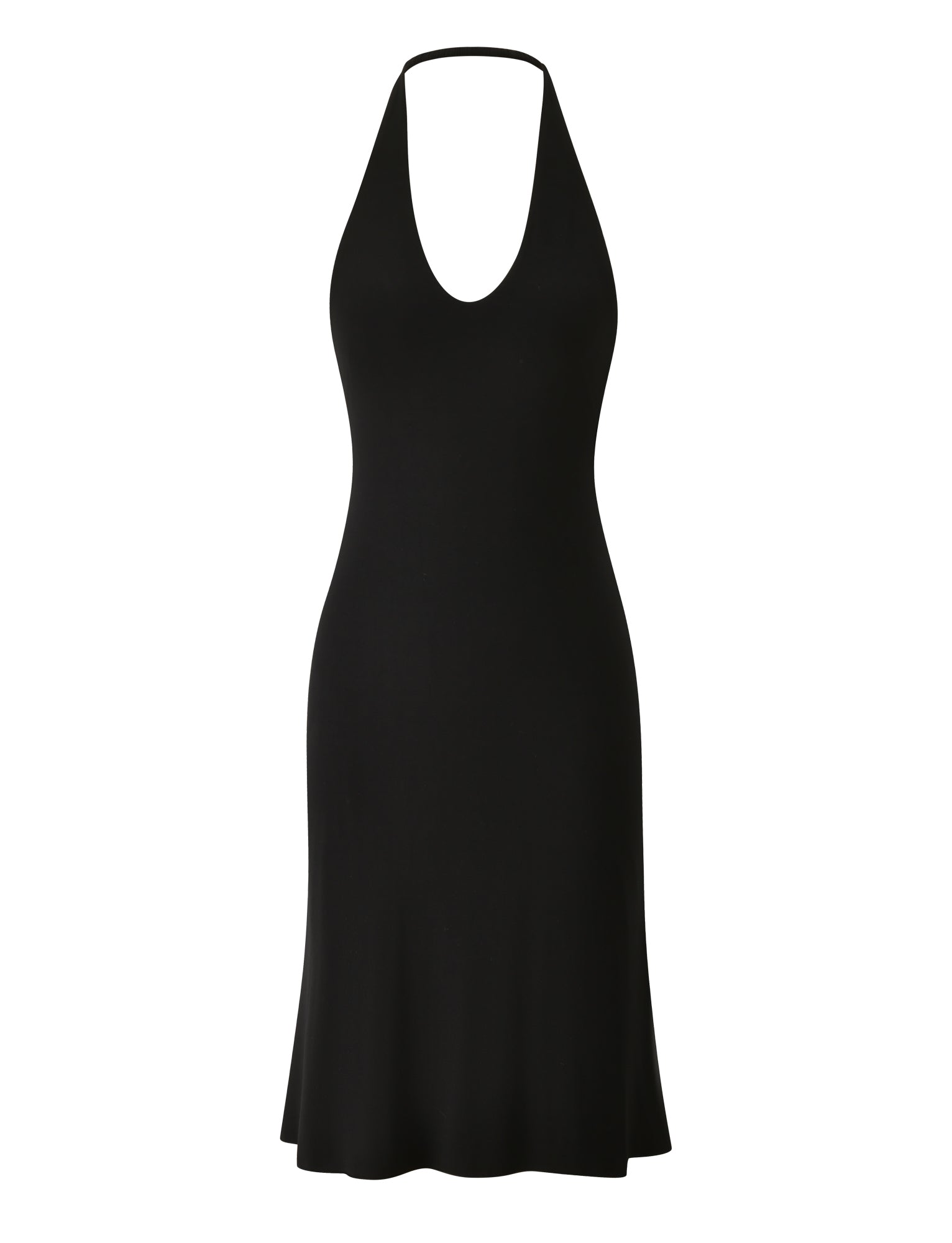 The ISABELLE MIDI DRESS - BLACK by TIGERMIST is a sleeveless halter-neck midi dress in classic black, designed with a scoop neckline, a slightly flared hem, and an elegant open back—an ideal holiday wardrobe essential. Shown against a plain white background.