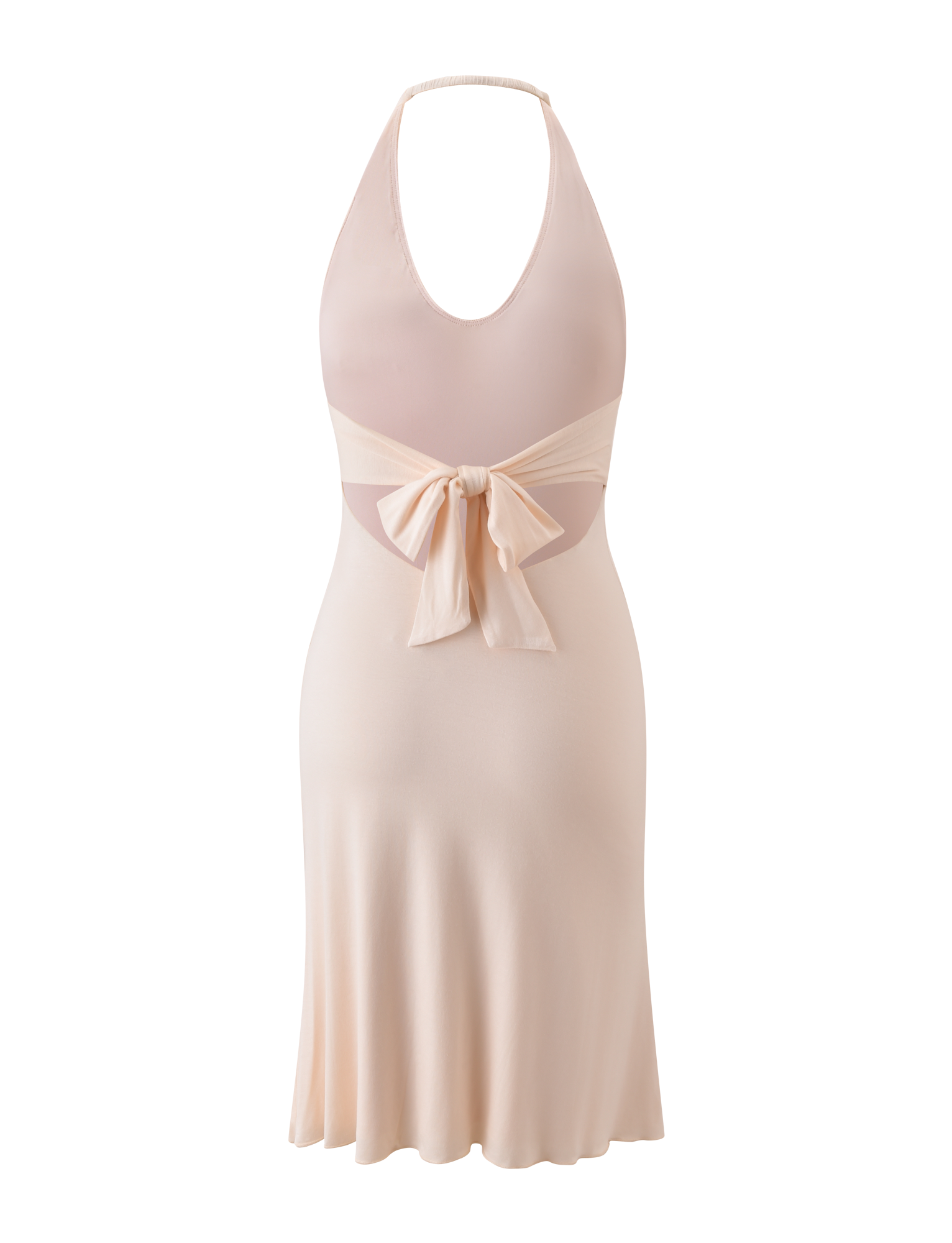 The ISABELLE MIDI DRESS - CREAM by TIGERMIST is a sleeveless, cream halter neck midi dress with a deep neckline, sheer midsection, large waist bow, open back, and gently flared knee-length hem for an elegant look.