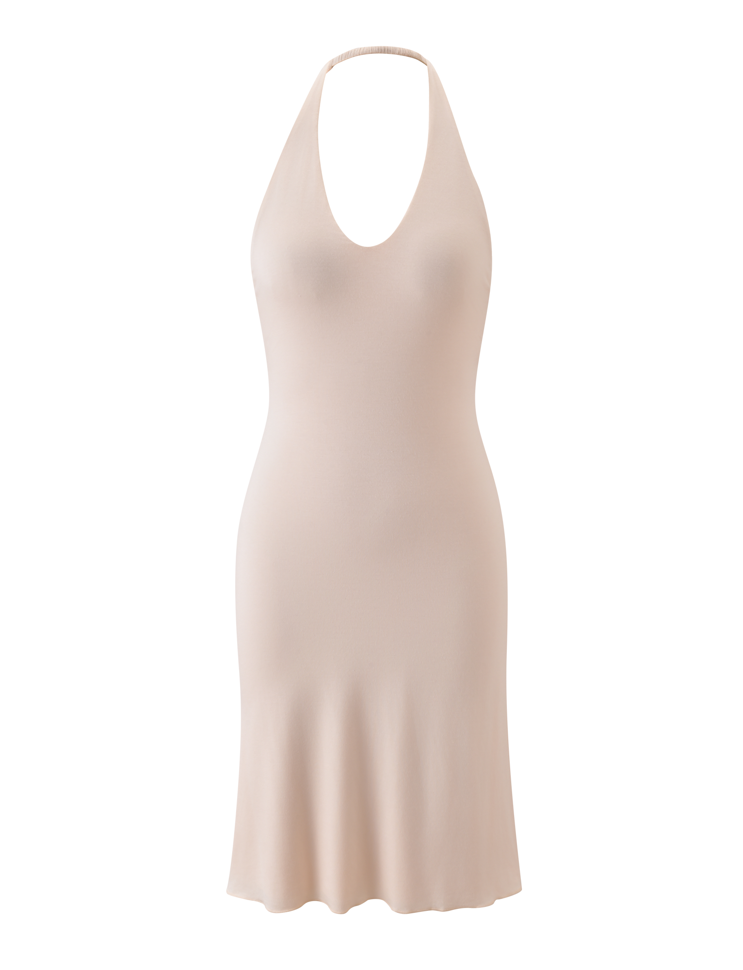 The TIGERMIST ISABELLE MIDI DRESS in cream features a sleeveless halter neck, fitted bodice, gently flared skirt, and elegant open back—an Emily Venz favorite—shown on a plain white background.