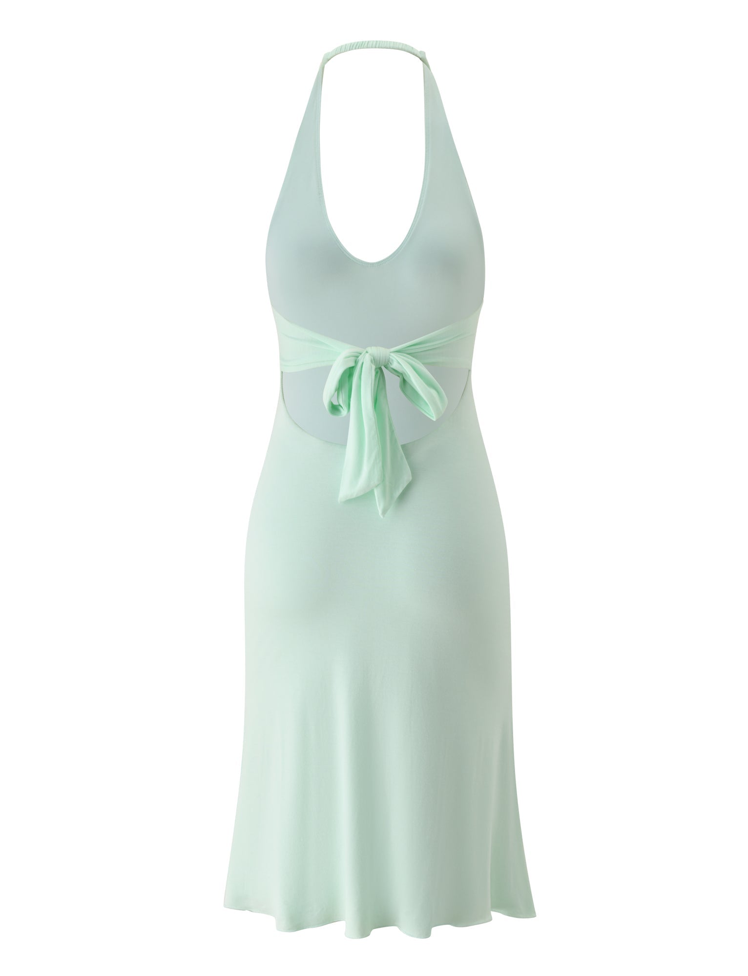 Introducing the ISABELLE MIDI DRESS - MINT by TIGERMIST: This mint green halter neck dress boasts a sleeveless design, a deep neckline, and a stylish front tie detail at the waist. Crafted from smooth, slightly stretchy fabric, it creates a flattering silhouette with its flared skirt—making it the perfect chic choice for your next garden party.