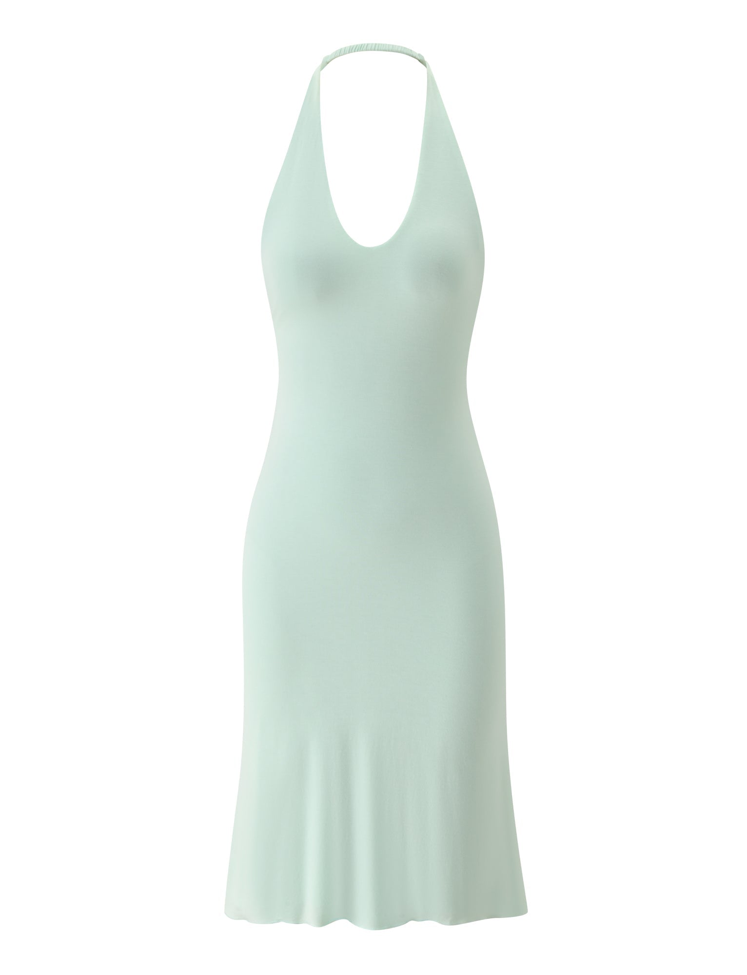 The ISABELLE MIDI DRESS - MINT by TIGERMIST is an elegant, sleeveless halter neck dress in light mint green, featuring a deep scoop neckline and a fitted, knee-length silhouette—perfect as a garden party dress. Displayed on a plain white background.
