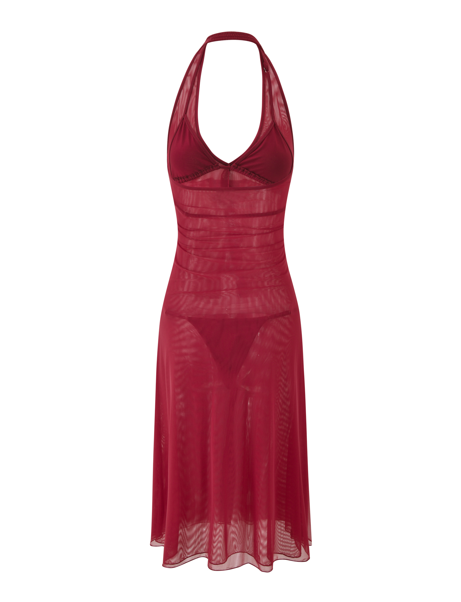 The TIGERMIST ASH MIDI DRESS - RED is a sheer, sleeveless mesh halter dress with a fitted bodice, flared knee-length skirt, and deep neckline. Its see-through design reveals a matching bralette and panty. Shown on a white background.