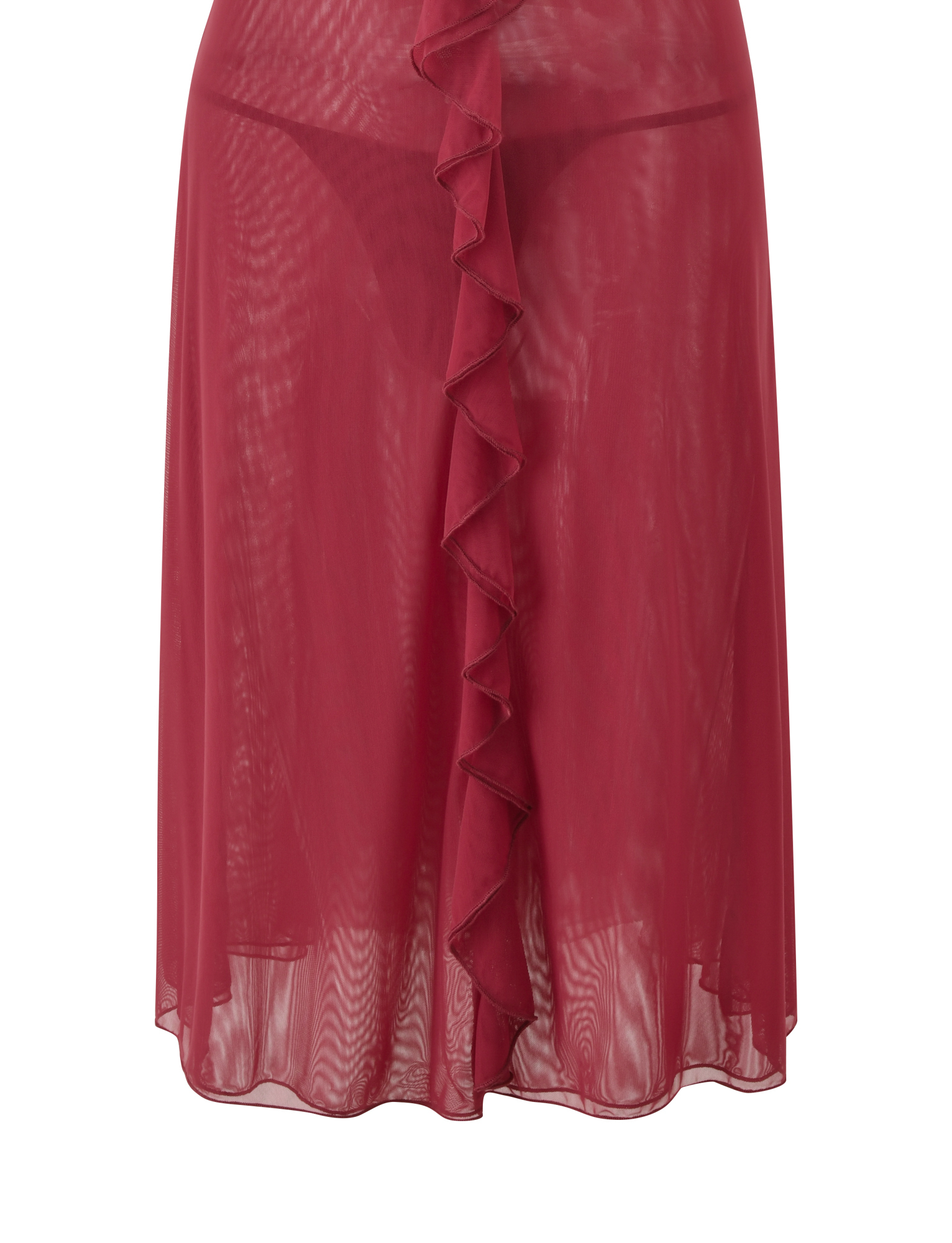 The TIGERMIST ASH MIDI DRESS - RED features a sheer, knee-length design with a ruffled vertical front detail. Its lightweight, translucent fabric creates an effortlessly chic look when paired with matching lingerie.