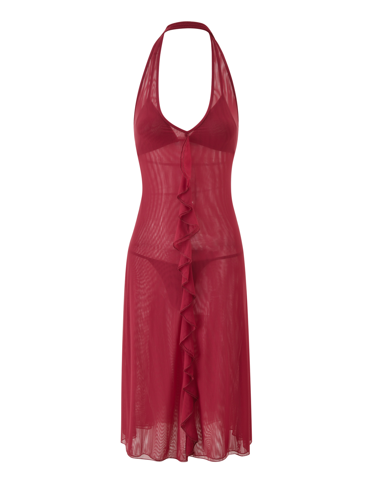 The TIGERMIST ASH MIDI DRESS - RED is a sheer, sleeveless mesh halter dress featuring a plunging neckline and ruffled center trim. Lightweight and see-through, it pairs perfectly with a matching bralette and panty for a bold, alluring look.