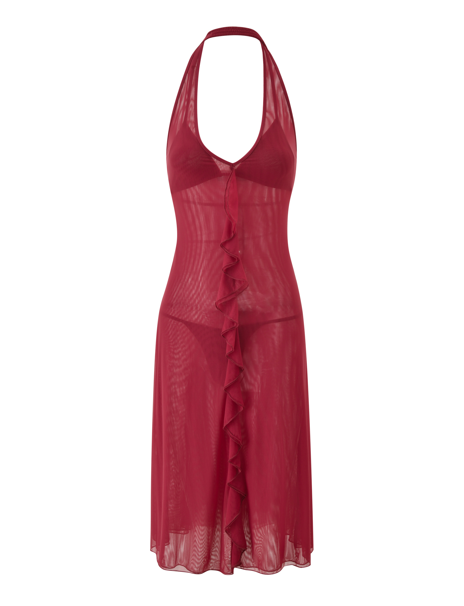 The TIGERMIST ASH MIDI DRESS - RED is a sheer, sleeveless mesh halter dress featuring a plunging neckline and ruffled center trim. Lightweight and see-through, it pairs perfectly with a matching bralette and panty for a bold, alluring look.