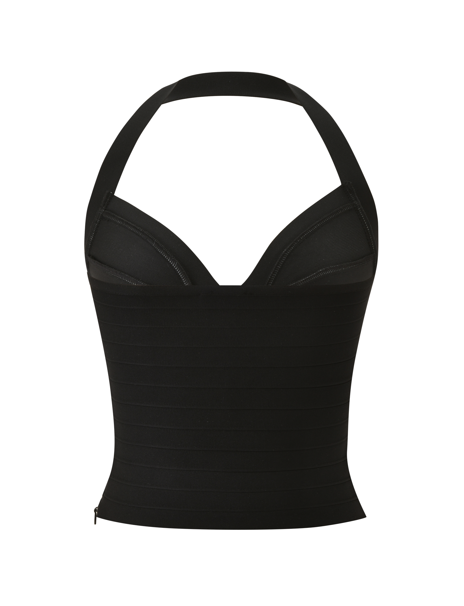 The TIGERMIST SYDEL BANDAGE TOP - BLACK features a fitted, halter design with structured cups, a plunging neckline, and horizontal seam details for a bodycon look, shown on a plain white background.