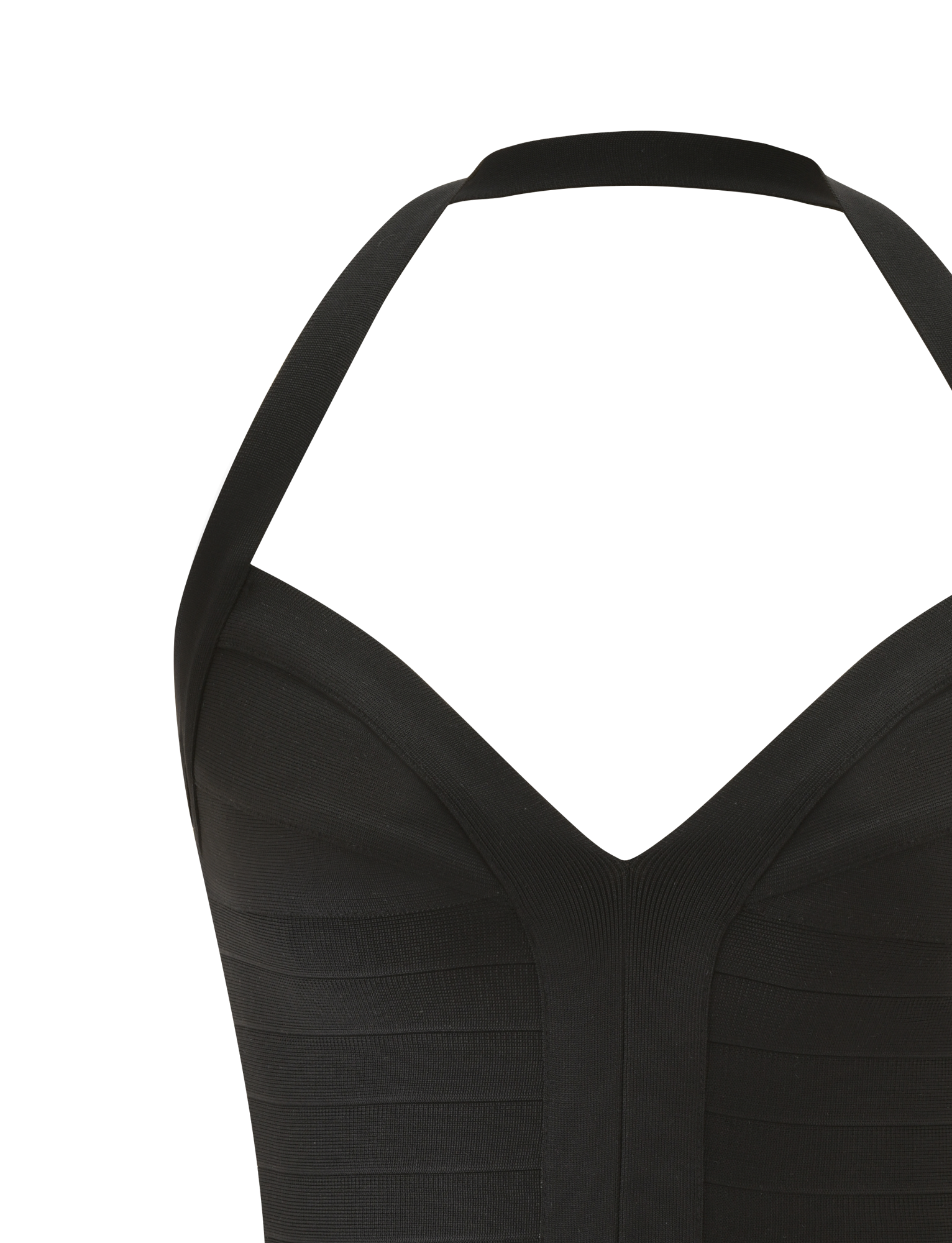 Close-up of the TIGERMIST SYDEL BANDAGE TOP in black, featuring a halter neckline, flattering bodycon fit, and wide vertical banded details, shown against a white background.