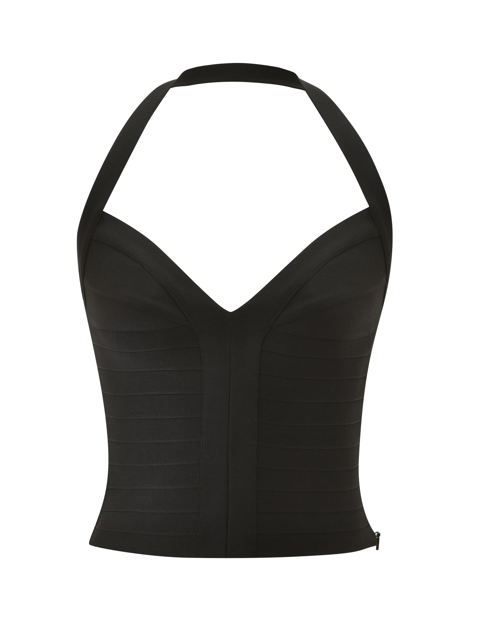 The SYDEL BANDAGE TOP by TIGERMIST is a black, fitted halter top with a sweetheart and plunging neckline, featuring horizontal band detailing and shown against a white background.