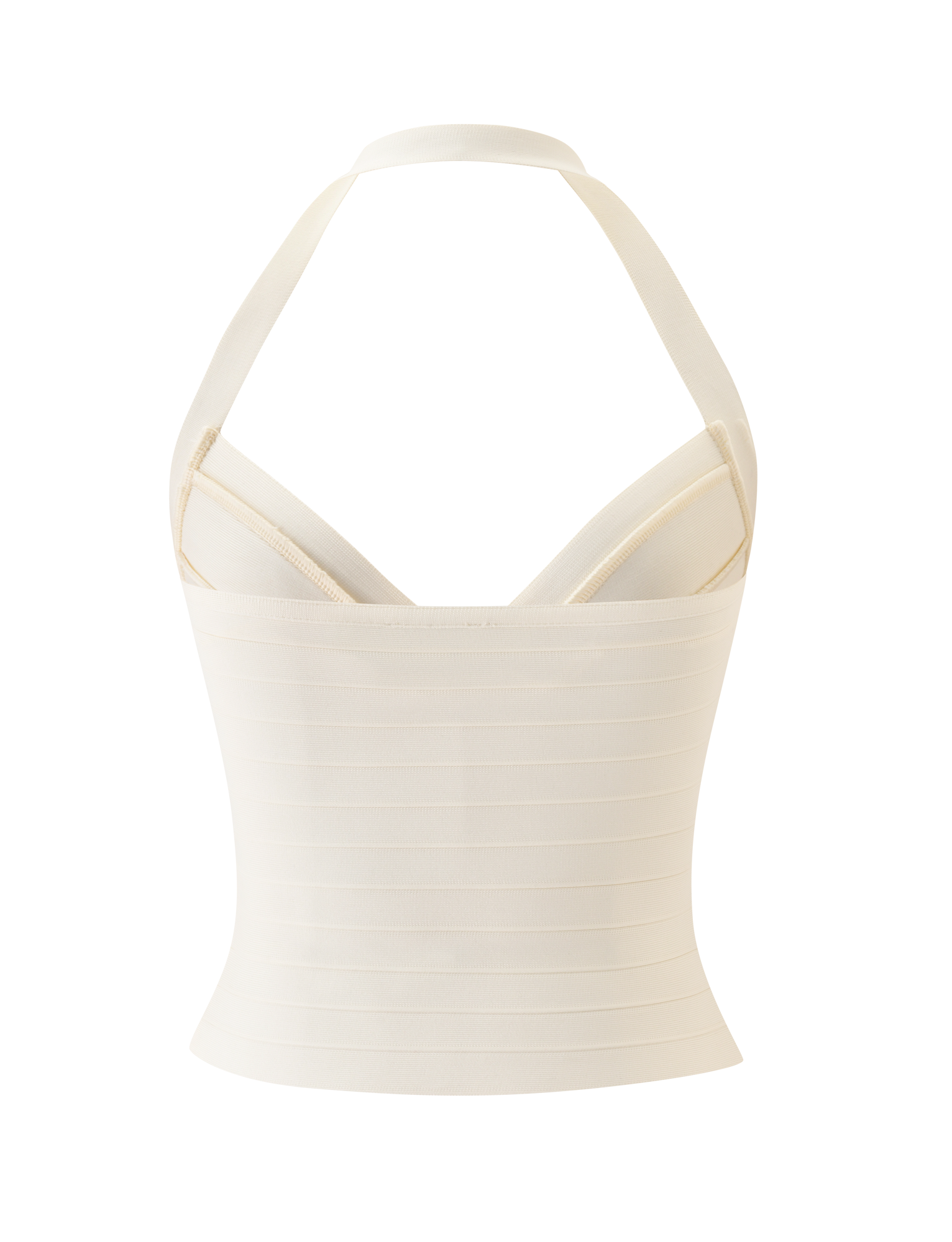 The SYDEL BANDAGE TOP in cream by TIGERMIST is a fitted halter top with a structured, ribbed texture and plunging neckline, shown against a plain white background.