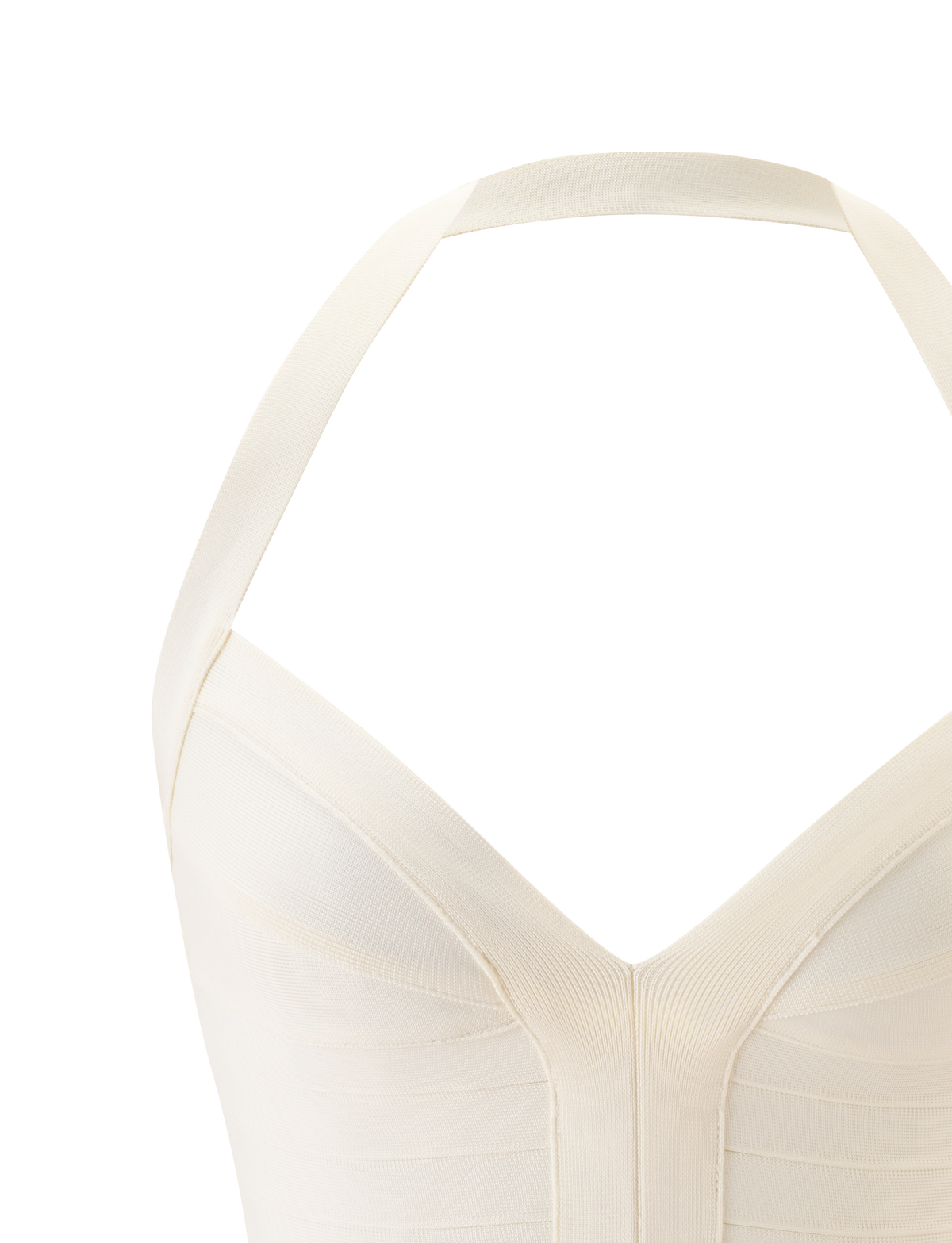 Close-up of the TIGERMIST SYDEL BANDAGE TOP in cream, featuring a fitted, sleeveless halter design with wide straps forming a V-neckline and textured bandage-like fabric against a plain white background.