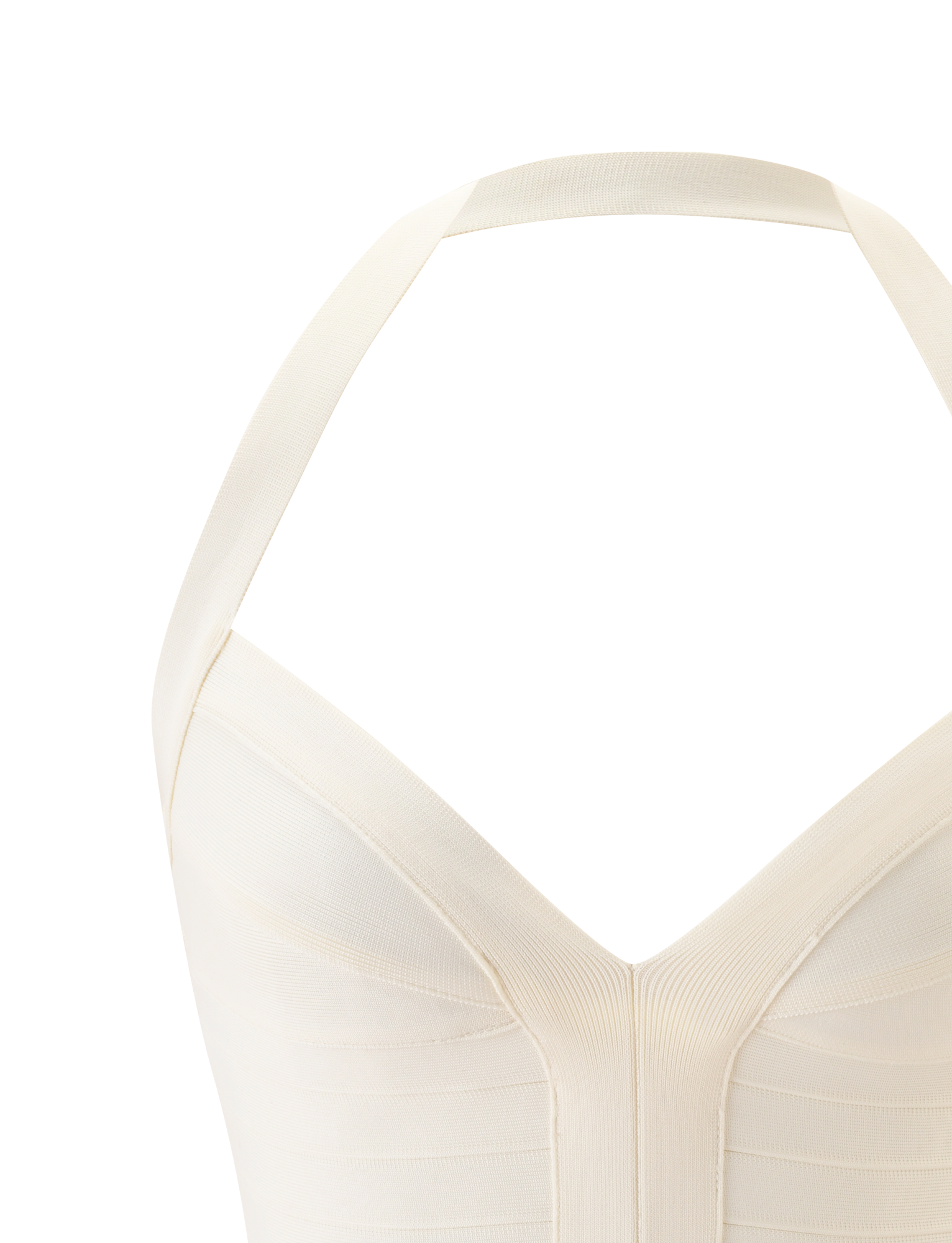 Close-up of the TIGERMIST SYDEL BANDAGE TOP in cream, featuring a fitted, sleeveless halter design with wide straps forming a V-neckline and textured bandage-like fabric against a plain white background.