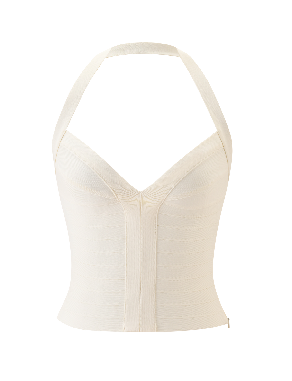 The SYDEL BANDAGE TOP by TIGERMIST is a sleeveless cream halter with a sweetheart neckline, fitted bodice, and front vertical panel detailing, displayed on a plain white background.