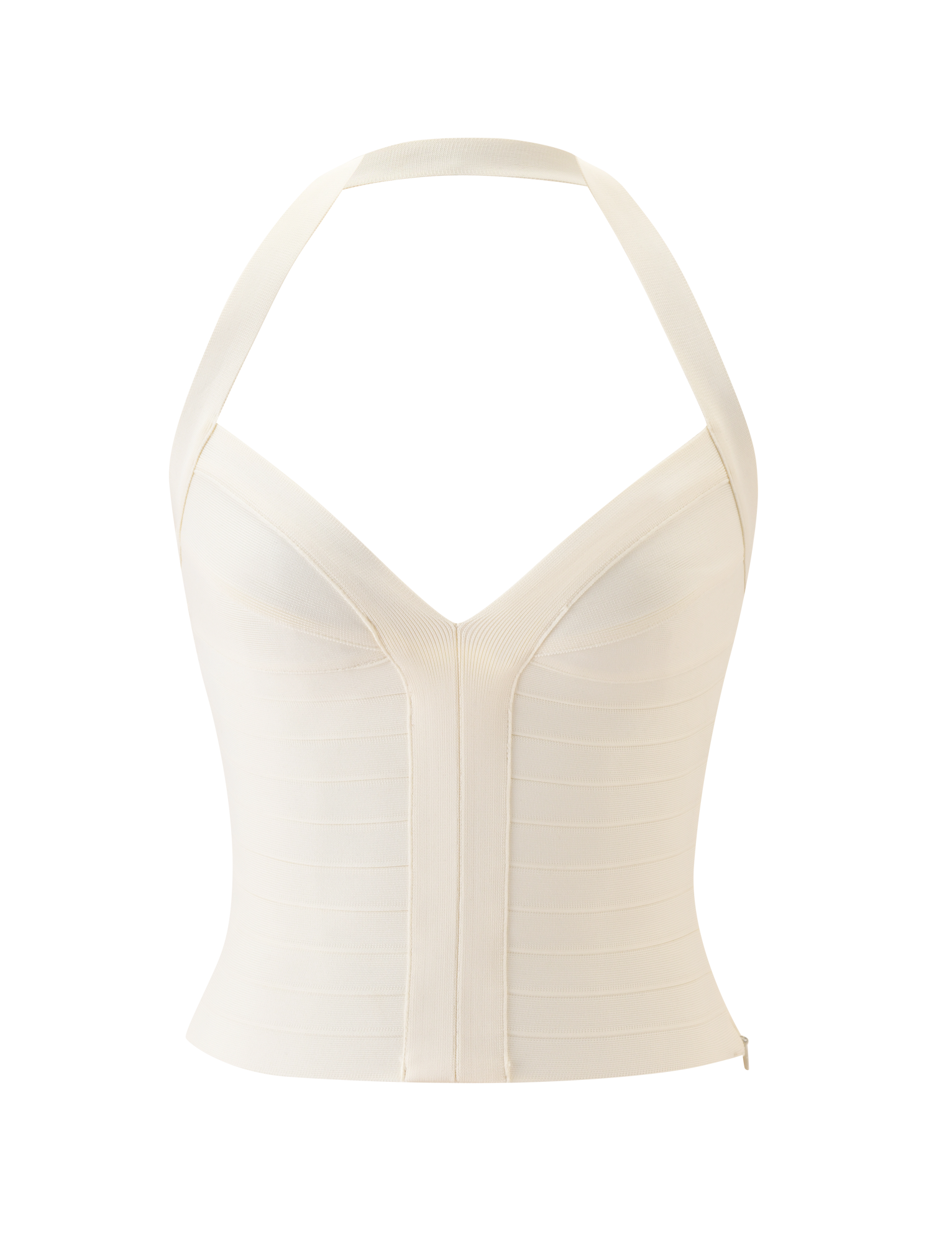 The SYDEL BANDAGE TOP by TIGERMIST is a sleeveless cream halter with a sweetheart neckline, fitted bodice, and front vertical panel detailing, displayed on a plain white background.