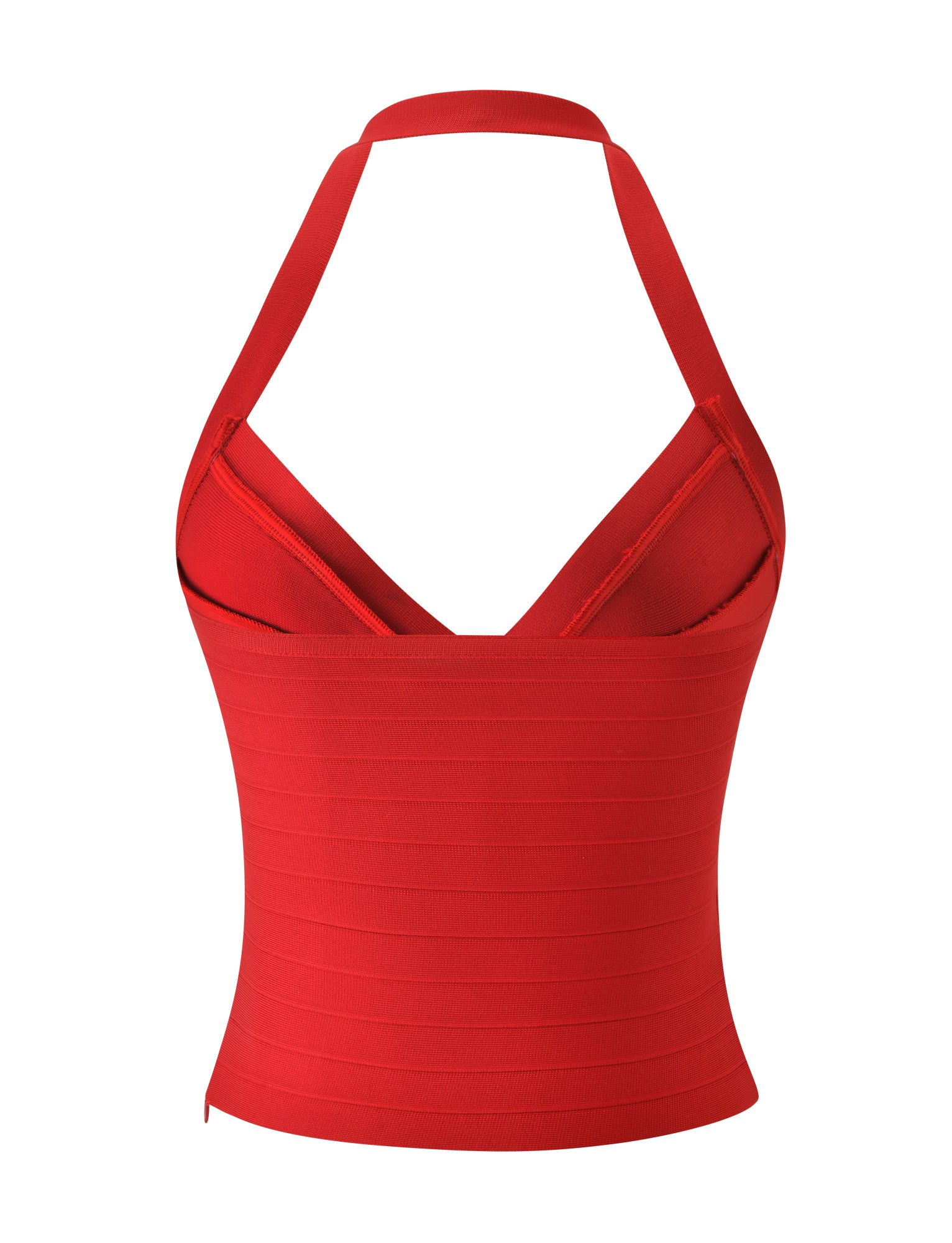 The SYDEL BANDAGE TOP by TIGERMIST is a vibrant red halter top with a fitted bodycon silhouette and deep V neckline, crafted from sculpting bandage fabric and displayed against a plain white background.