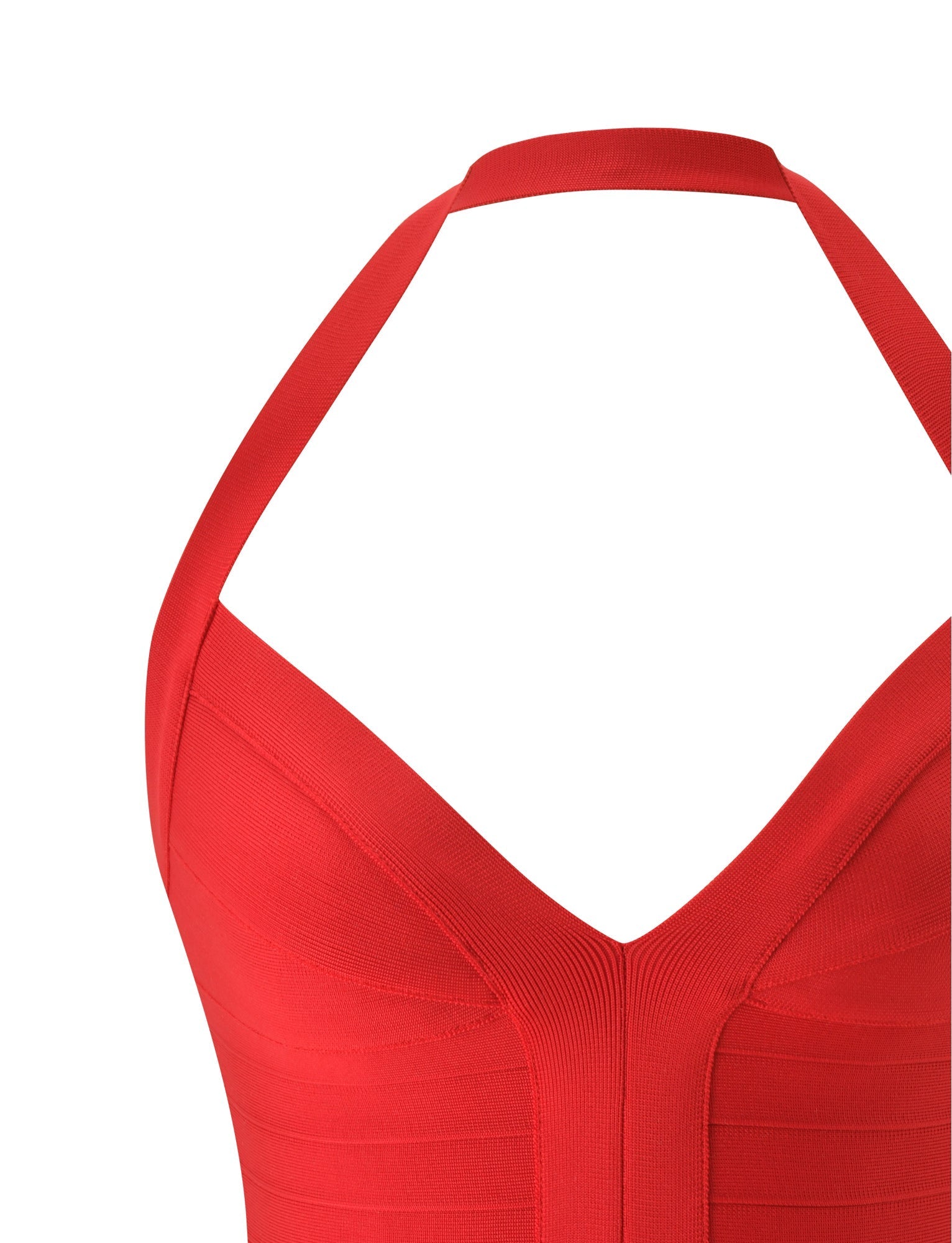 Close-up of the TIGERMIST SYDEL BANDAGE TOP in red, showcasing its sleeveless design with a halter neckline and fitted, ribbed bandage fabric. The bodycon silhouette accentuates your curves, while the V-shaped bust detail adds a stylish touch. This structured yet fashionable top is photographed against a plain white background.