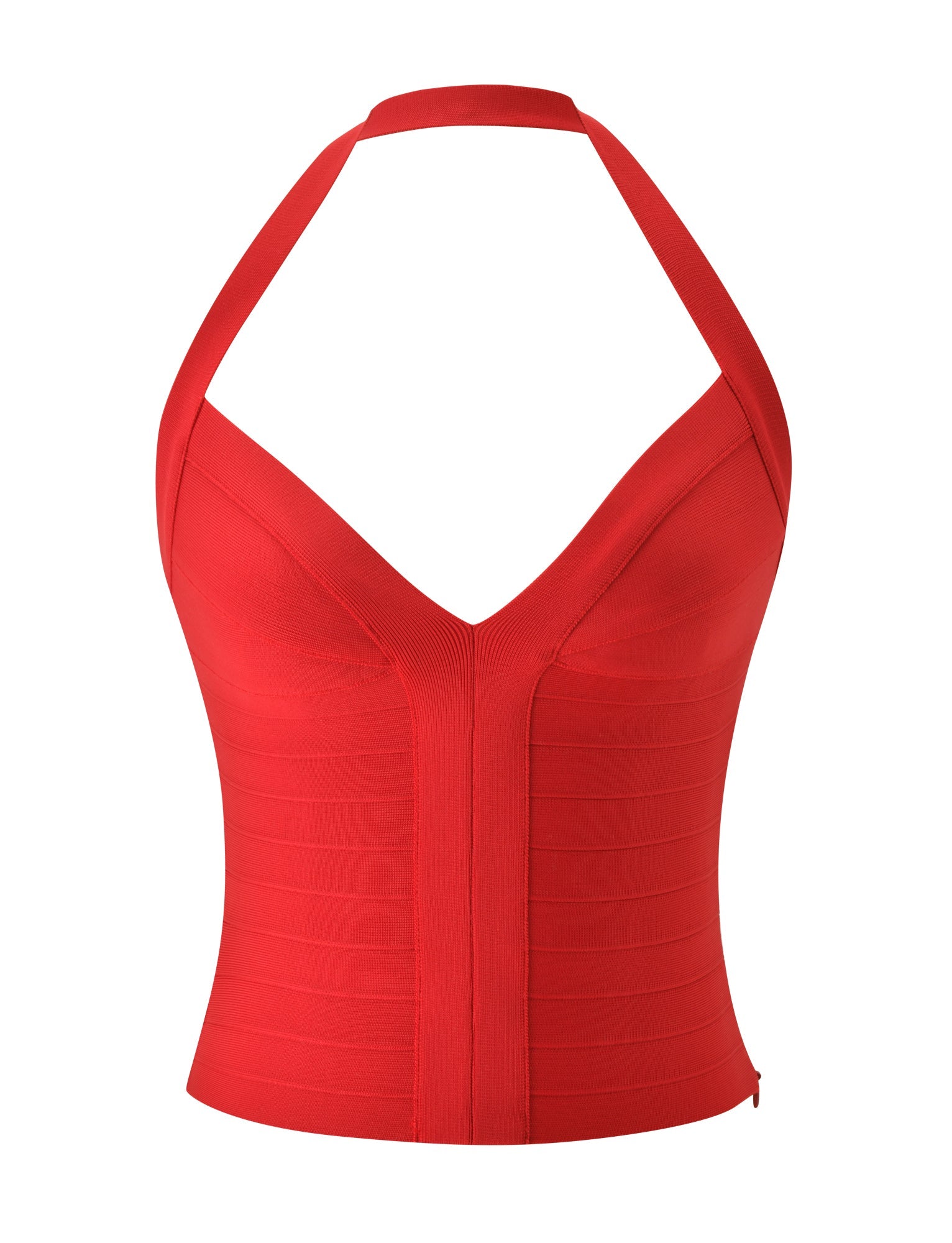 The SYDEL BANDAGE TOP - RED by TIGERMIST is a sleeveless, fitted bandage halter top featuring a deep V-neckline and horizontal ribbed detailing, expertly crafted from sculpting bandage fabric to create a flattering bodycon silhouette. Shown here on a white background.
