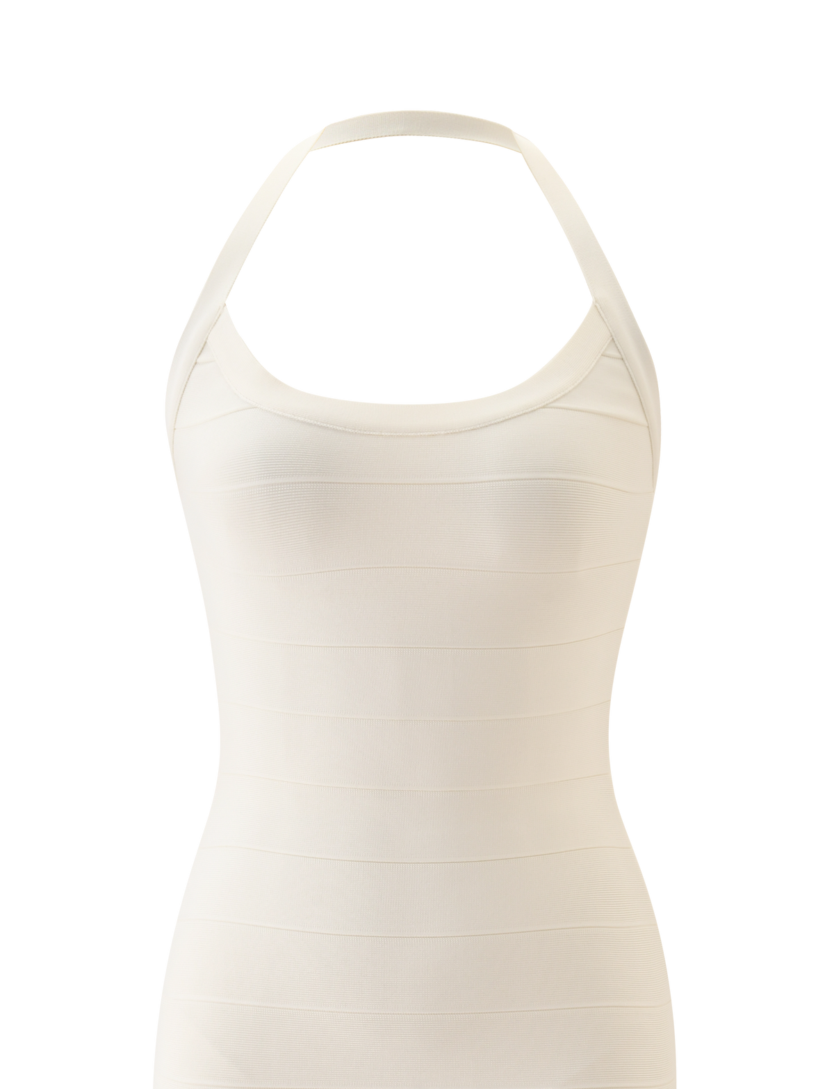 The TIGERMIST DEE BANDAGE MIDI DRESS in cream is sleeveless and form-fitting with a halter neck, scoop neckline, and wide wraparound straps for a sleek silhouette, shown on a plain background.