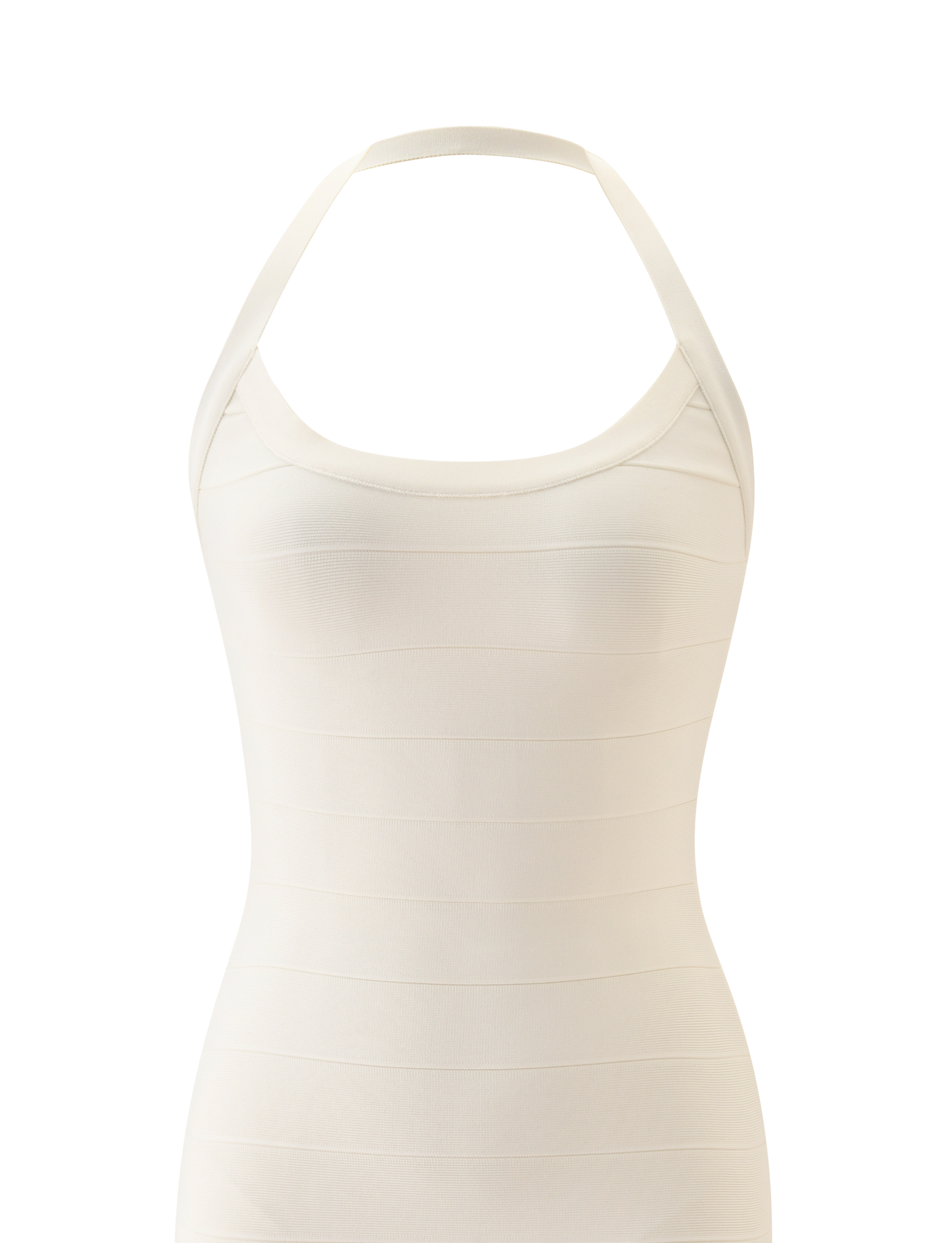 The TIGERMIST DEE BANDAGE MIDI DRESS in cream is sleeveless and form-fitting with a halter neck, scoop neckline, and wide wraparound straps for a sleek silhouette, shown on a plain background.