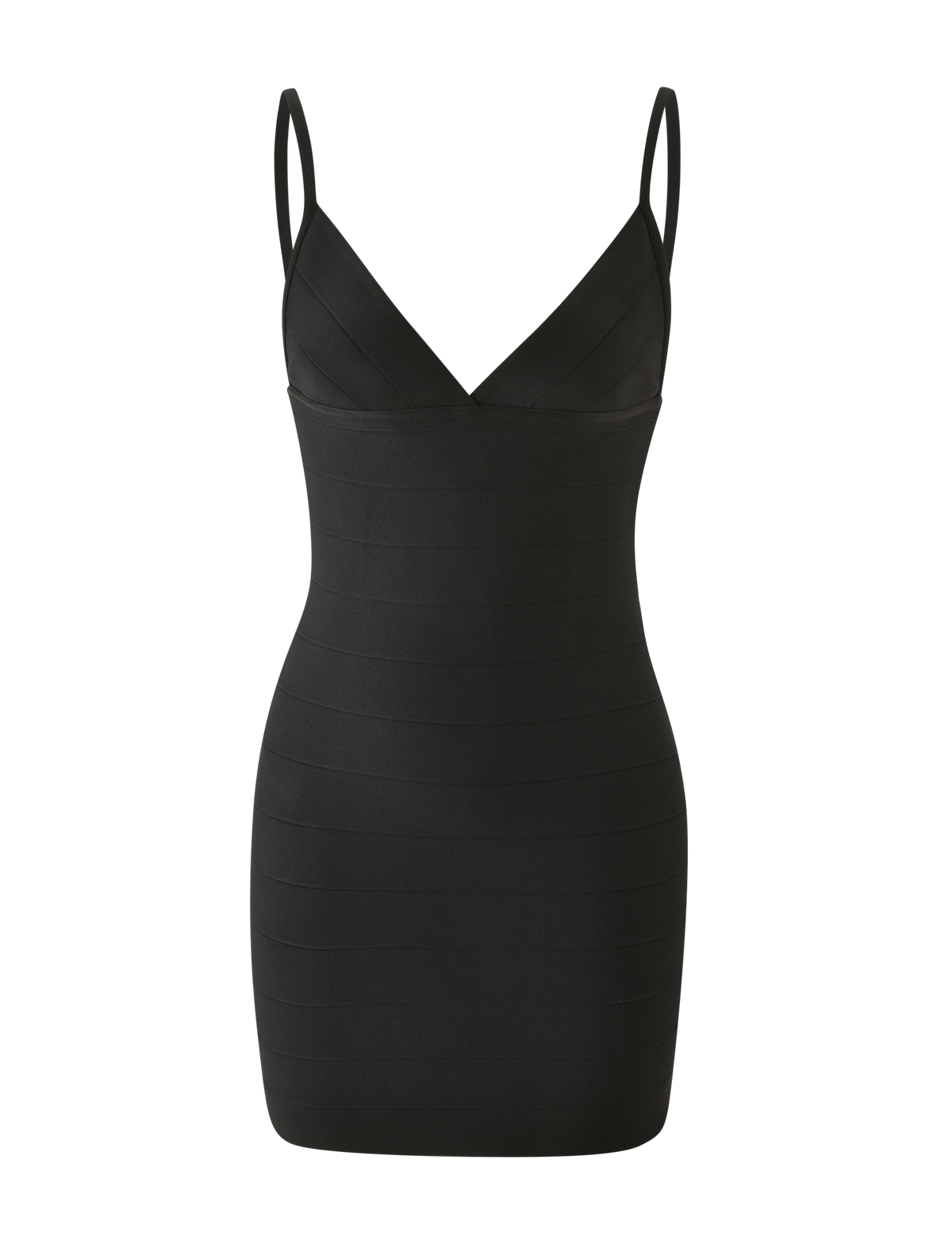 The TIGERMIST WEN BANDAGE MINI DRESS - BLACK is a sleeveless bodycon mini dress with thin adjustable straps, a V-neckline, and horizontal banded detailing, shown on a plain white background.