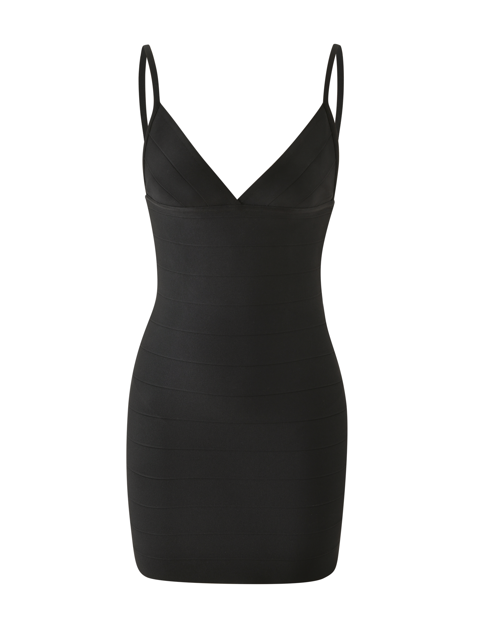 The TIGERMIST WEN BANDAGE MINI DRESS - BLACK is a sleeveless bodycon mini dress with thin adjustable straps, a V-neckline, and horizontal banded detailing, shown on a plain white background.