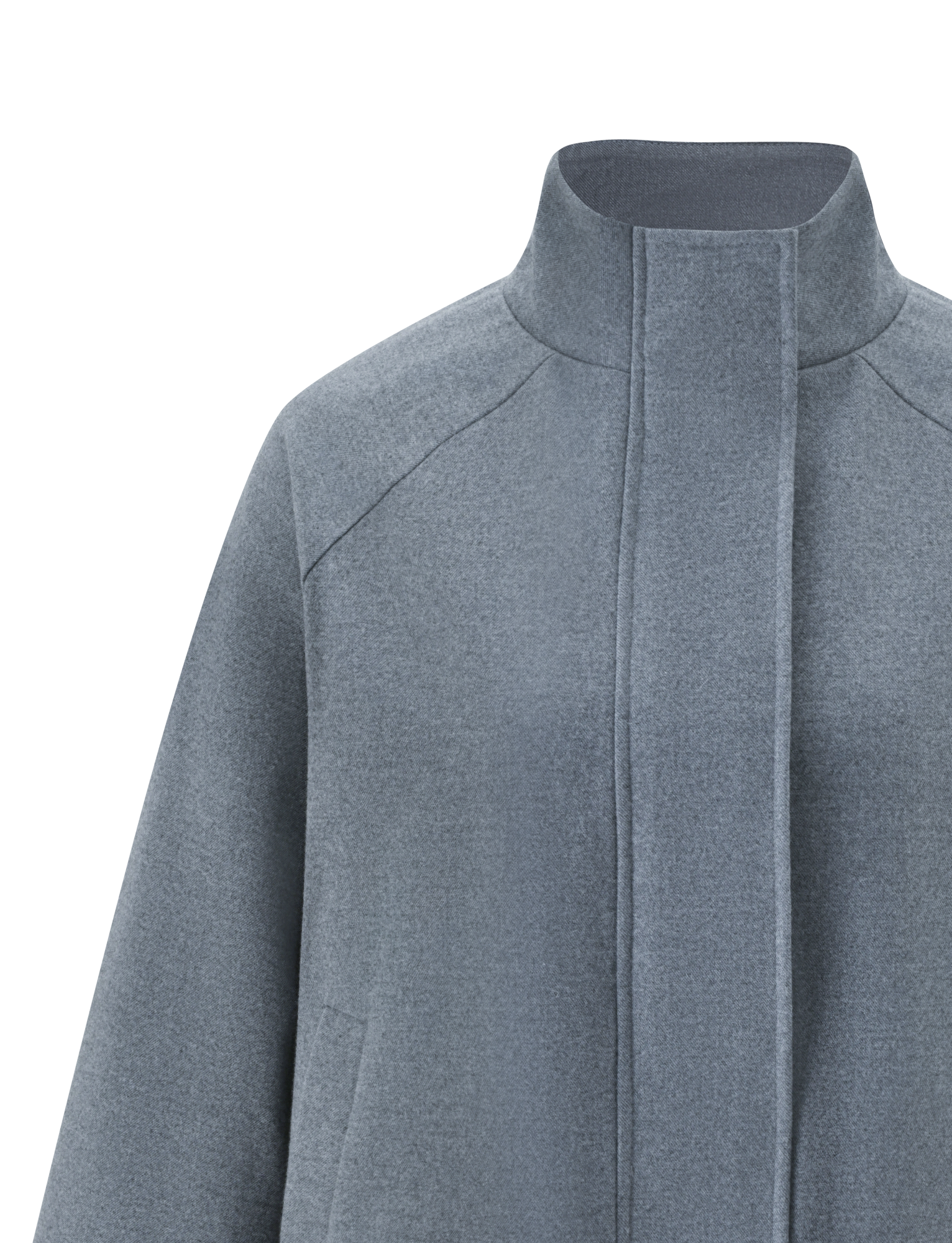A close-up of the TIGERMIST LENNEX JACKET in heather charcoal, featuring an oversized fit, mock neck collar, and concealed front placket, set against a plain light background.