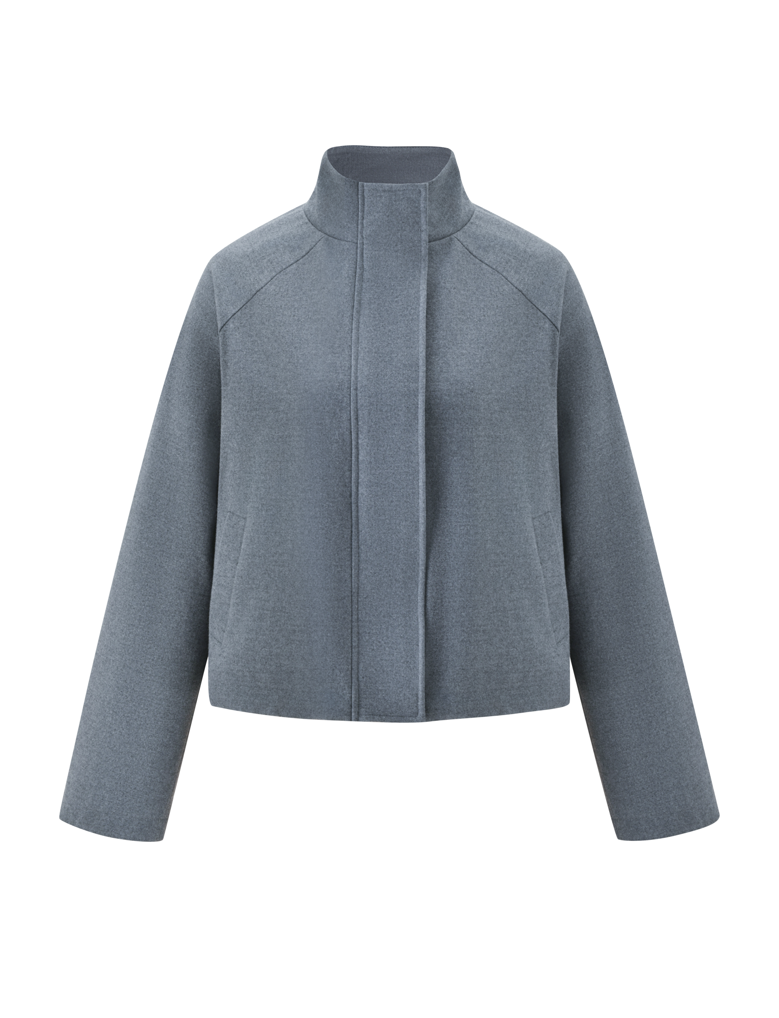 The TIGERMIST LENNEX JACKET in heather charcoal is a minimalist, oversized piece with a mock neck, hidden front closure, side pockets, and an adjustable bungee hem. Shown on a white background, its clean structure adds modern style.