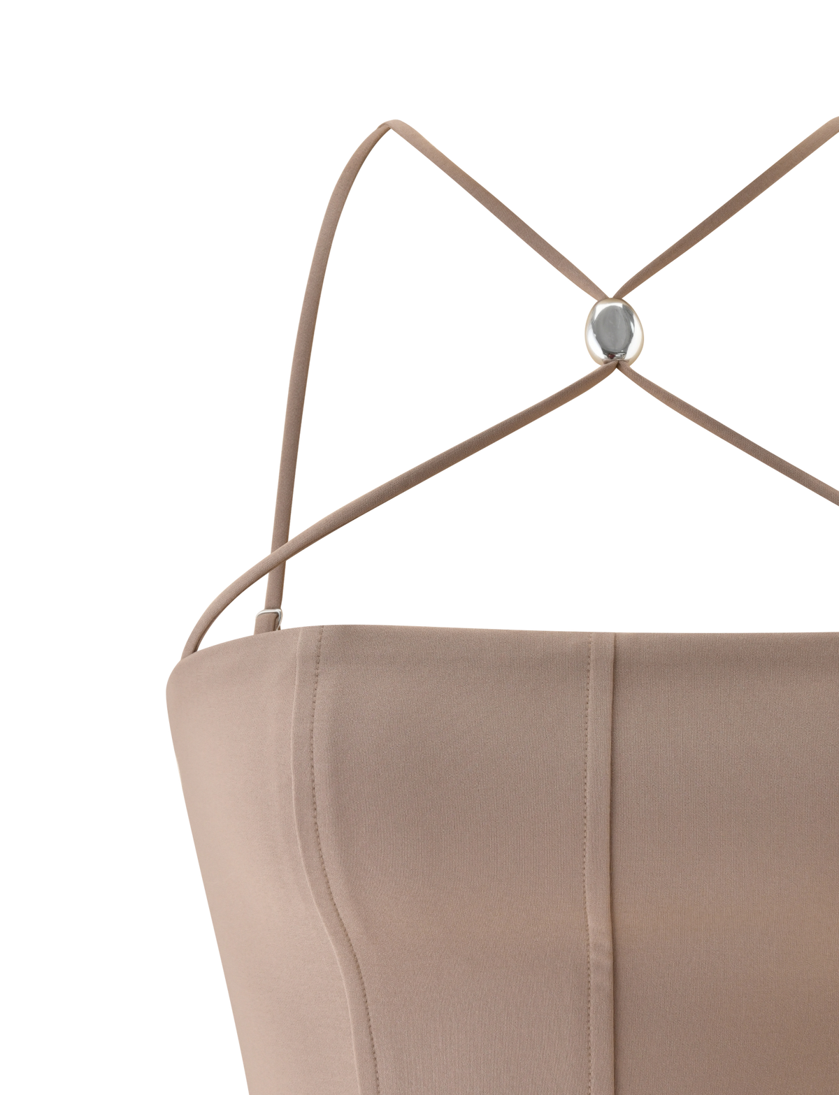 Close-up of the TIGERMIST TAMORA CORSET TOP in taupe, featuring thin adjustable straps crossing at the back with a metallic oval detail. The smooth, form-fitting fabric has subtle vertical seams for a 90's inspired look.