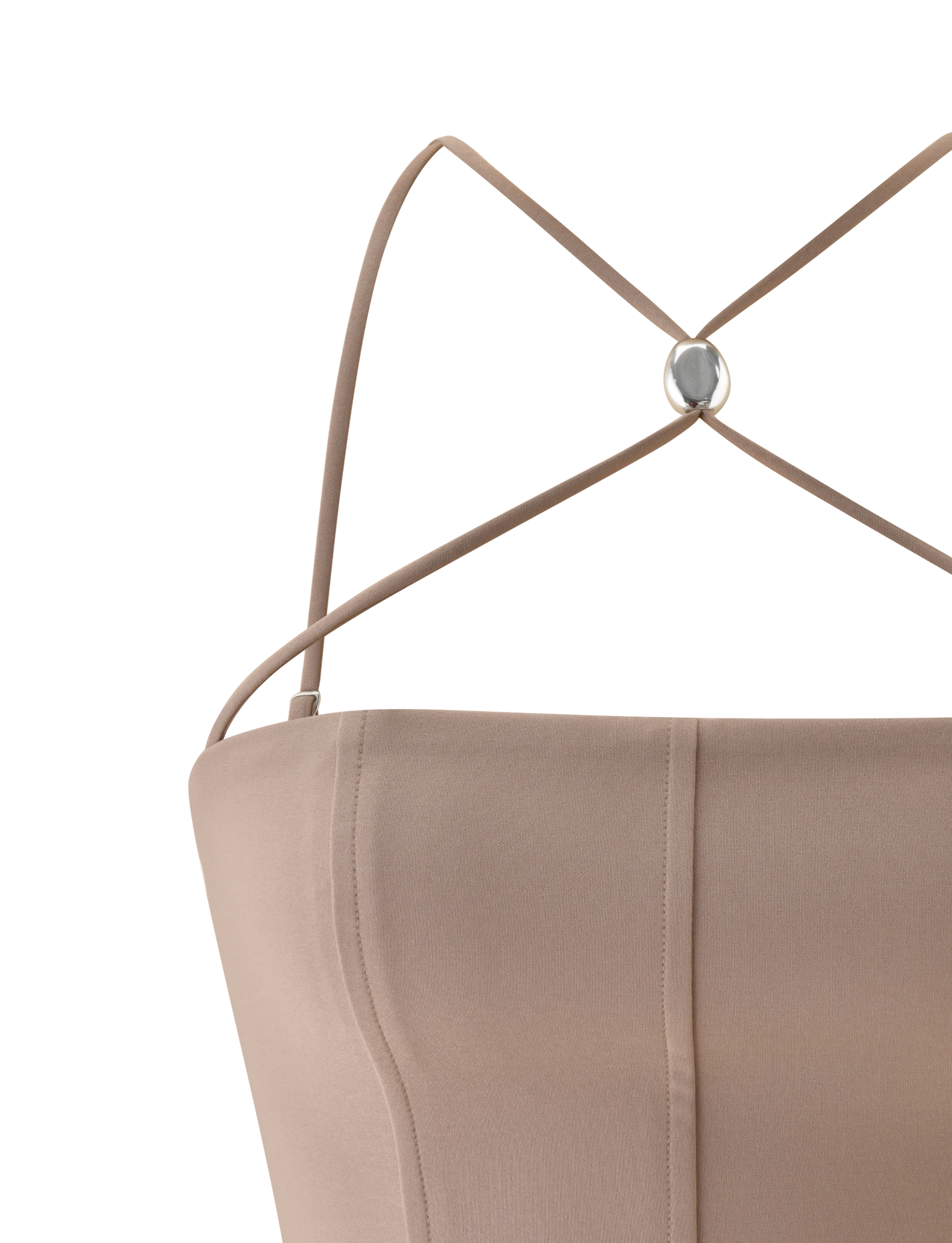 Close-up of the TIGERMIST TAMORA CORSET TOP in taupe, featuring thin adjustable straps crossing at the back with a metallic oval detail. The smooth, form-fitting fabric has subtle vertical seams for a 90's inspired look.