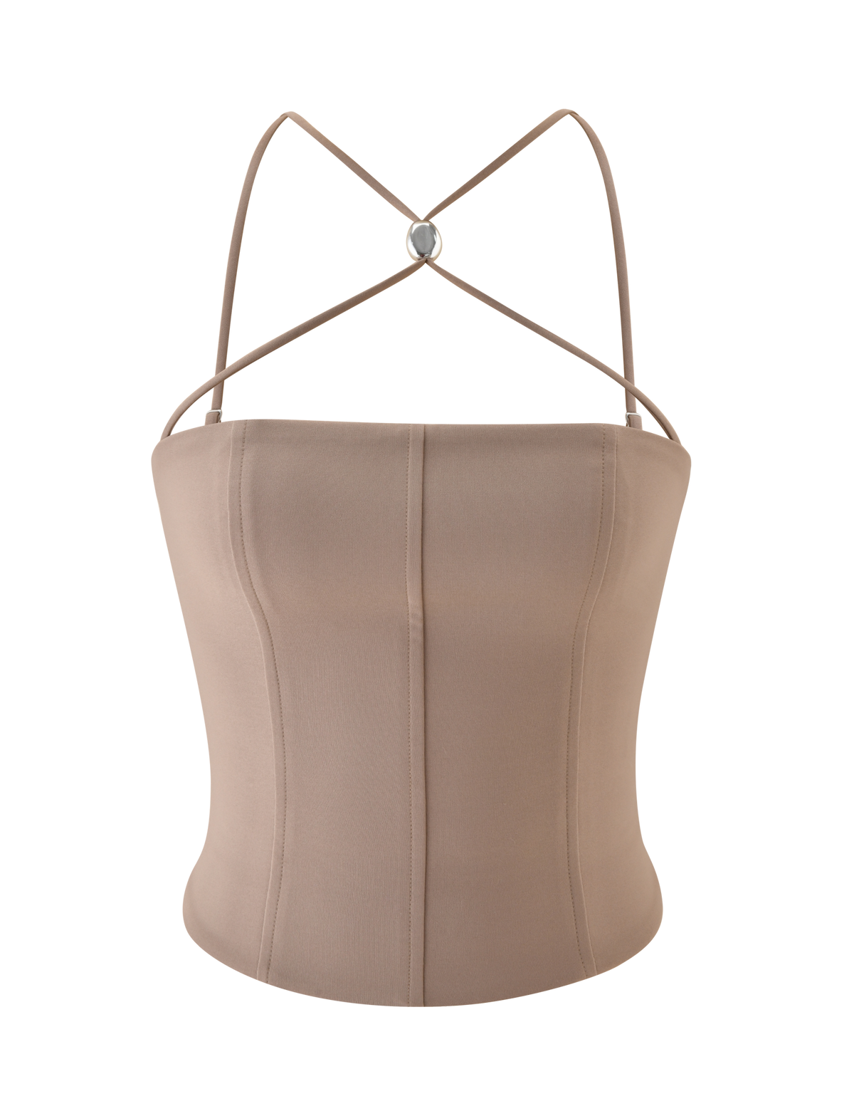 The TIGERMIST TAMORA CORSET TOP in taupe is a 90’s-inspired corset with thin crisscross spaghetti straps, subtle vertical seams, and a sleek, minimalist look.