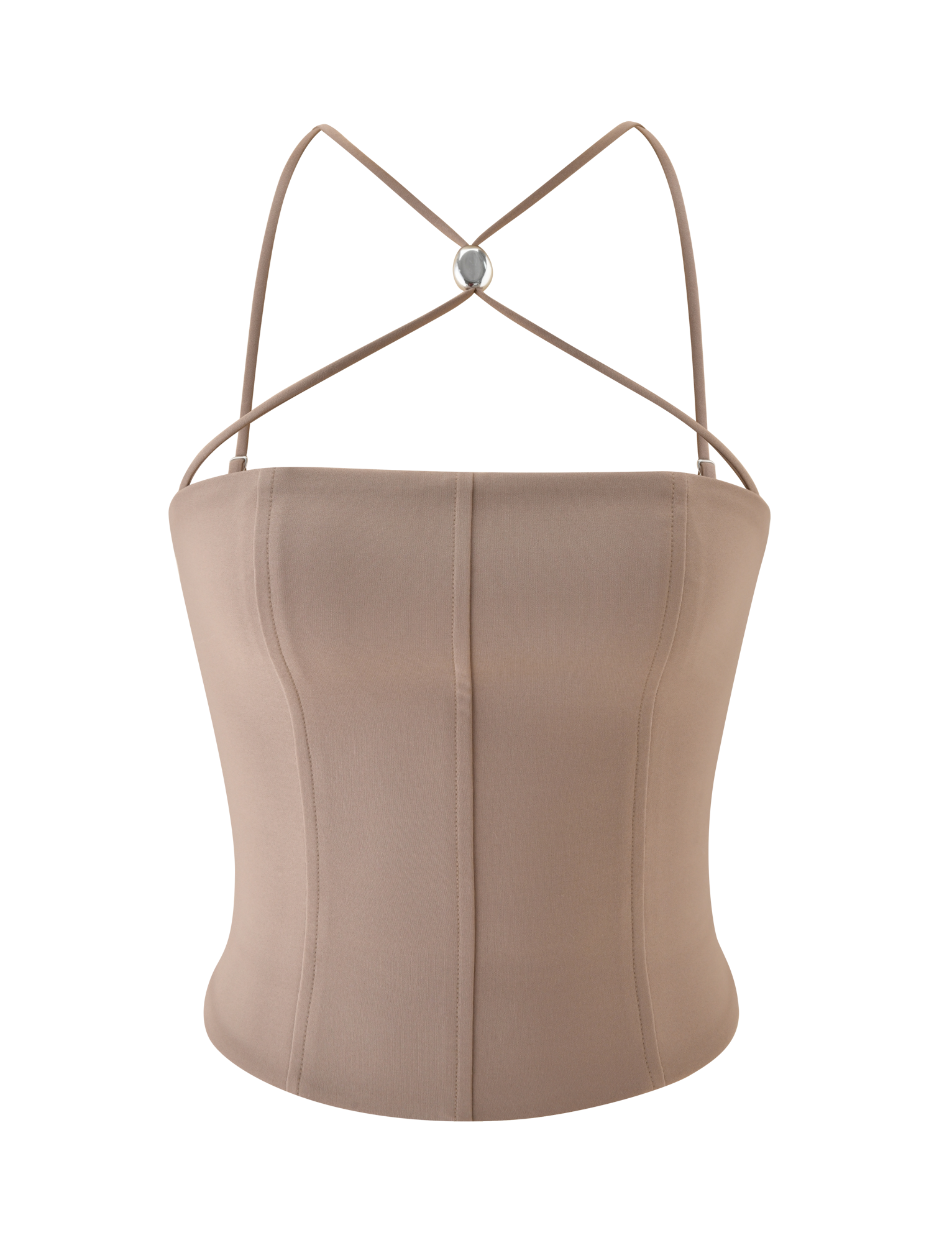 The TIGERMIST TAMORA CORSET TOP in taupe is a 90’s-inspired corset with thin crisscross spaghetti straps, subtle vertical seams, and a sleek, minimalist look.