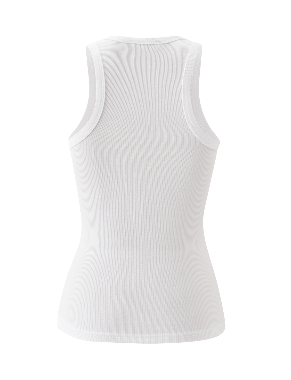 The AVNI TANK - WHITE by TIGERMIST is a sleeveless top shown from the back against a light backdrop. Made from lightweight rib fabric, it features a subtle texture, scoop neckline, and racerback for a flattering, fitted look.