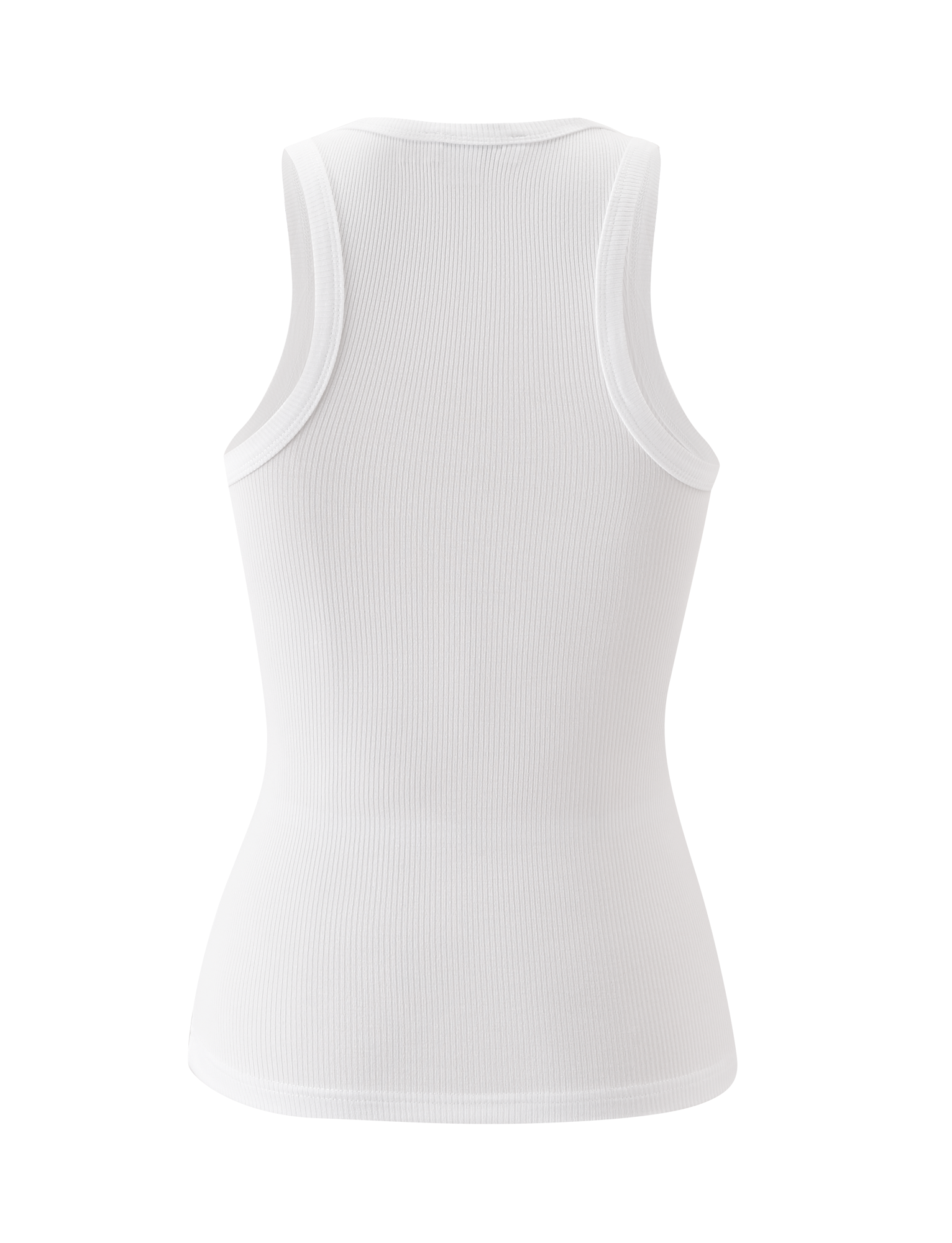 The AVNI TANK - WHITE by TIGERMIST is a sleeveless top shown from the back against a light backdrop. Made from lightweight rib fabric, it features a subtle texture, scoop neckline, and racerback for a flattering, fitted look.