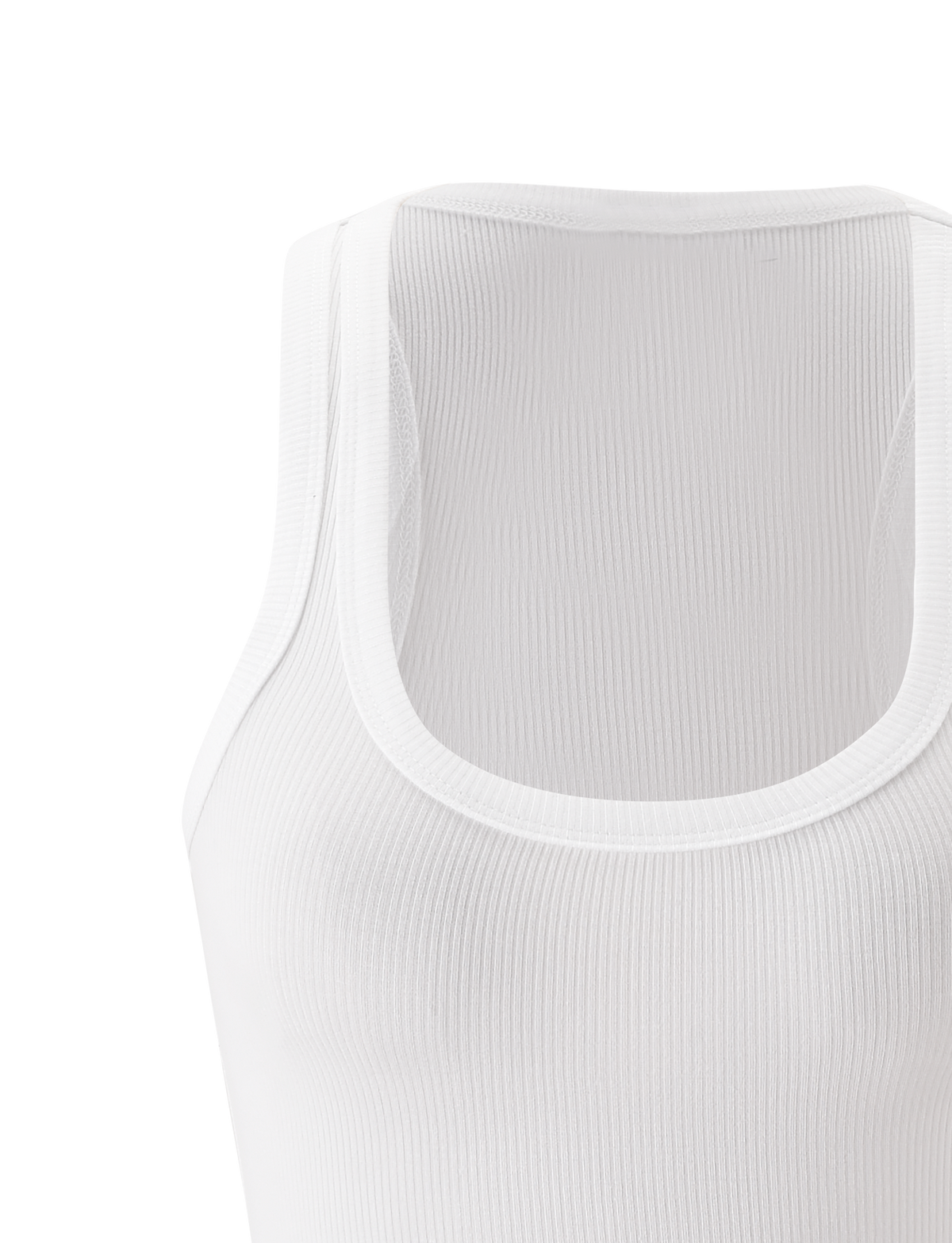 A close-up of the TIGERMIST AVNI TANK in white, featuring lightweight rib fabric and a round neckline, displayed against a plain white background.