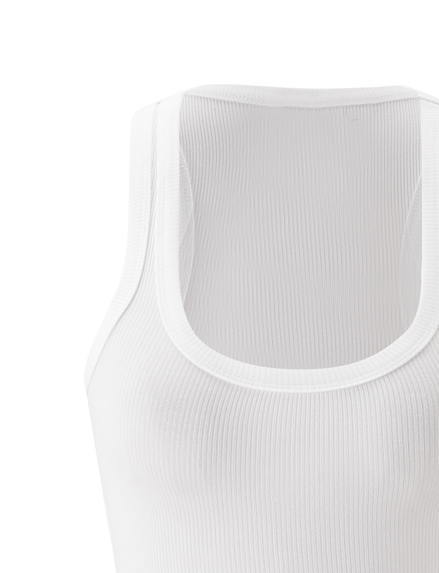 A close-up of the TIGERMIST AVNI TANK in white, featuring lightweight rib fabric and a round neckline, displayed against a plain white background.